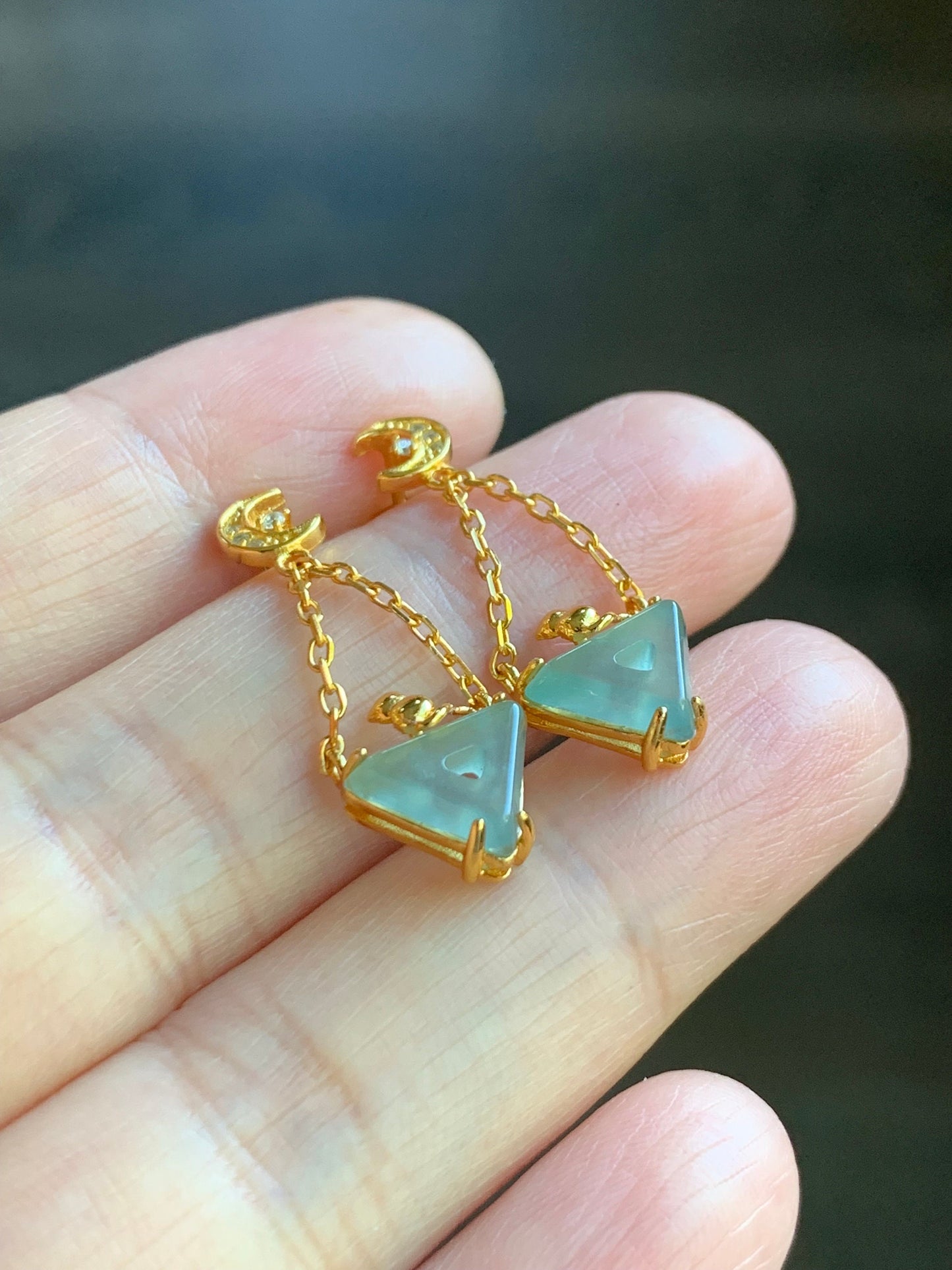 Natural Guatemalan Icy Highly Translucent Light Blue Jadeite Cat Stud Earrings S925 Sterling Silver Yellow Gold Finish 天然冰危淡蓝翡翠猫咪银镶耳钉