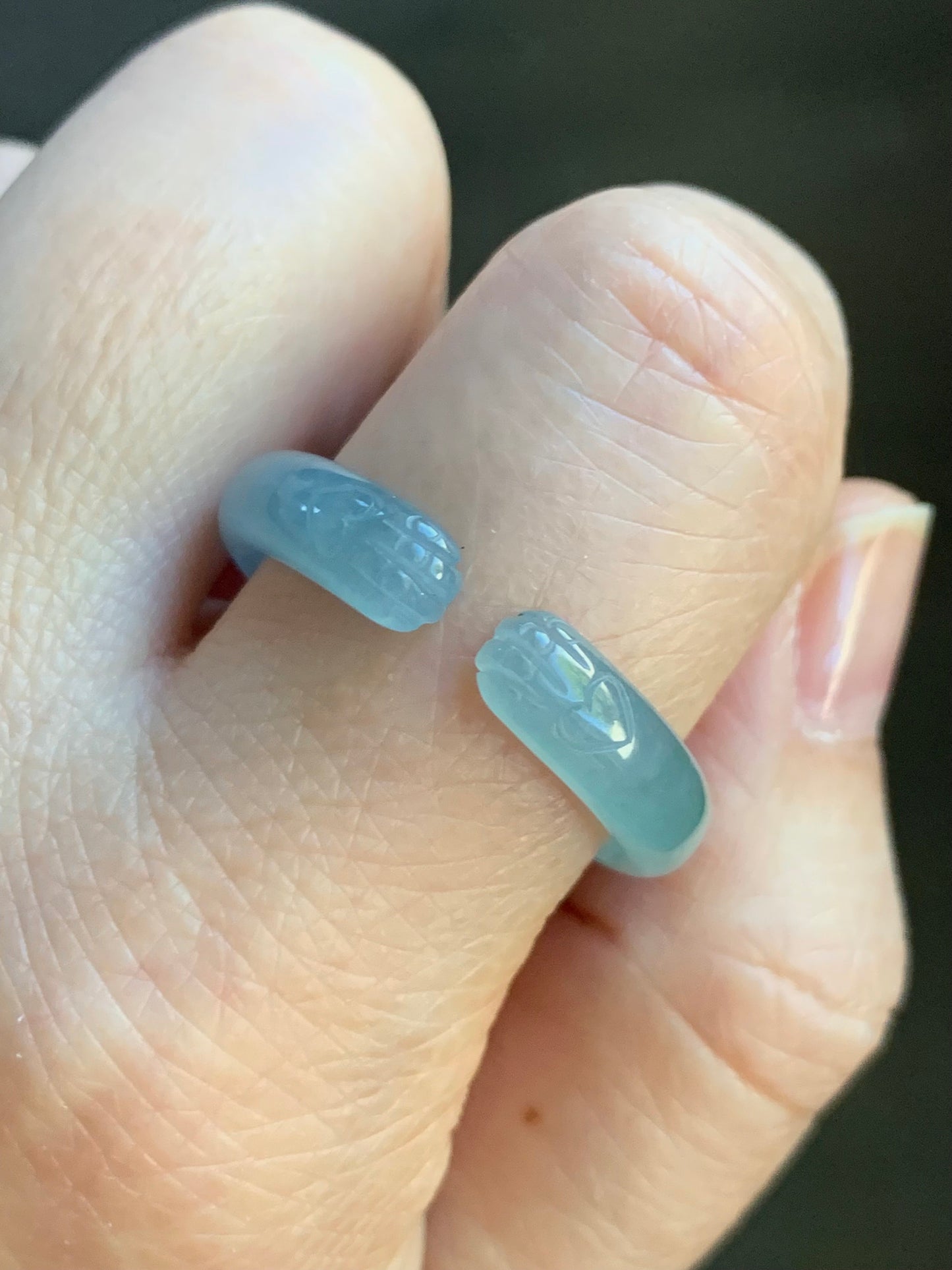 Natural Guatemalan Icy Translucent Gelatinous Light Dusty Blue Jadeite Open Band Ring size 12.25 天然冰危淡蓝翡翠开口戒圈