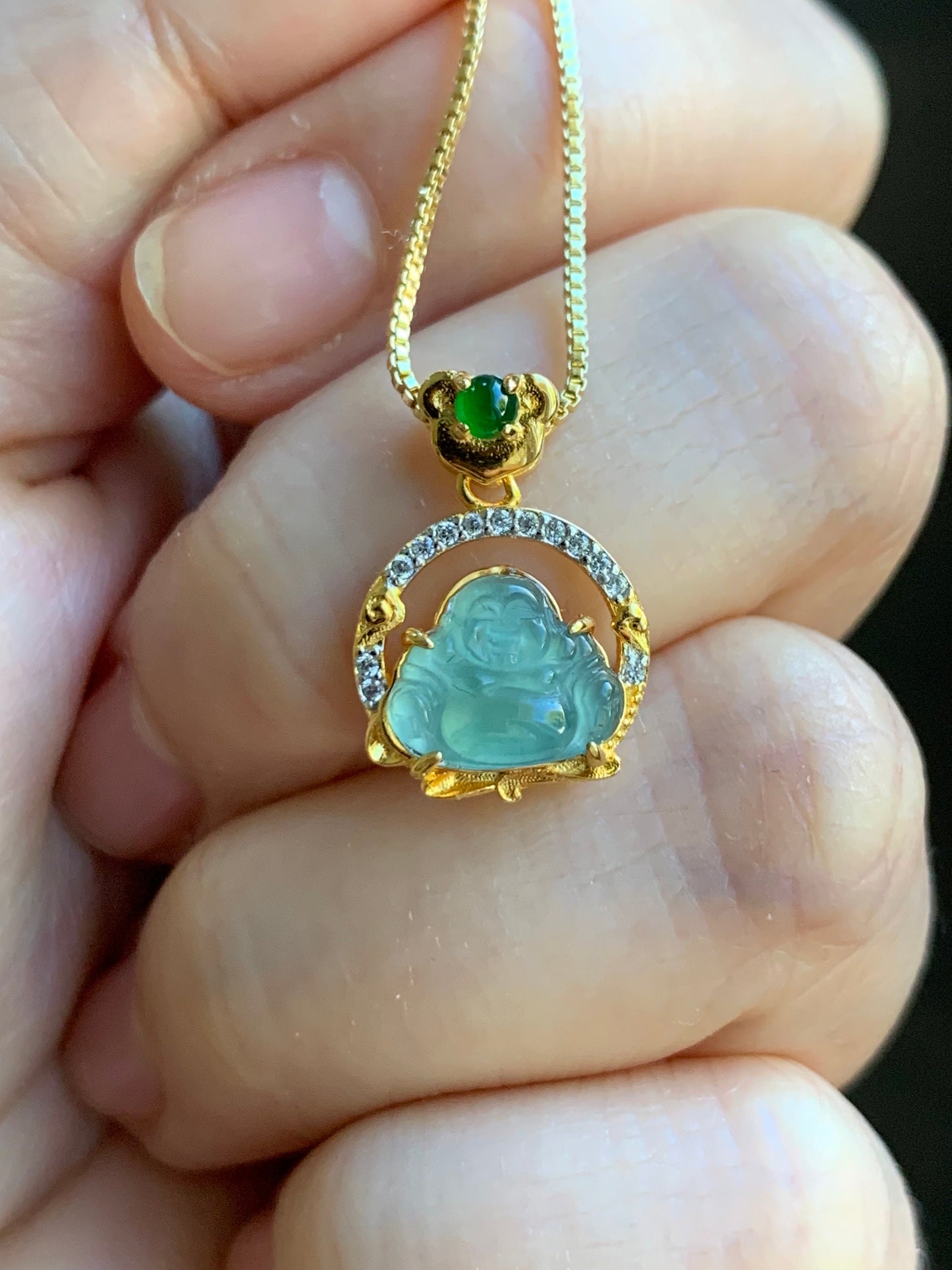 Petite Natural Guatemalan Premium Icy Highly Translucent Teal Blue Jadeite Buddha Pendant Sterling Silver 天然高冰危蓝翡翠小佛公银镶吊坠