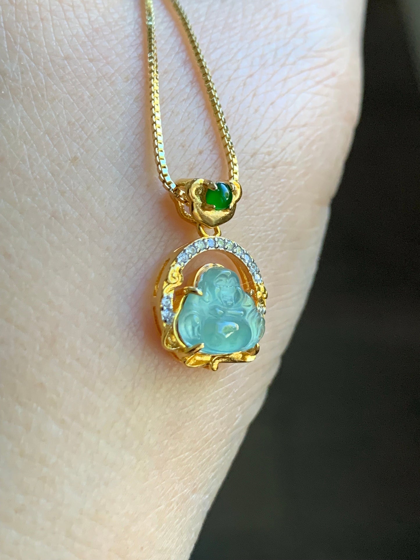 Petite Natural Guatemalan Premium Icy Highly Translucent Teal Blue Jadeite Buddha Pendant Sterling Silver 天然高冰危蓝翡翠小佛公银镶吊坠