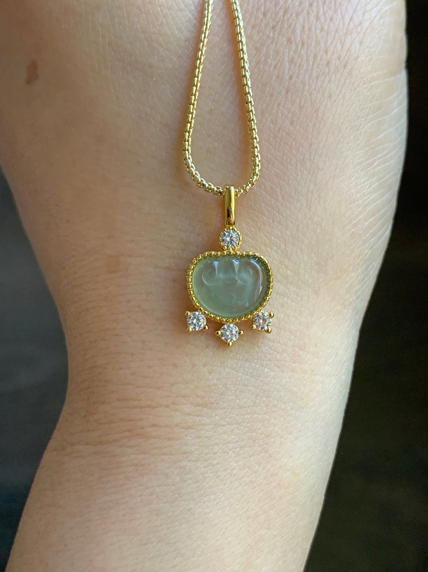 Natural Guatemalan Light Teal Green Jadeite Ruyi Lock Pendant S925 Sterling Silver Yellow Gold Finish 天然冰危蓝绿翡翠银镶如意吊坠