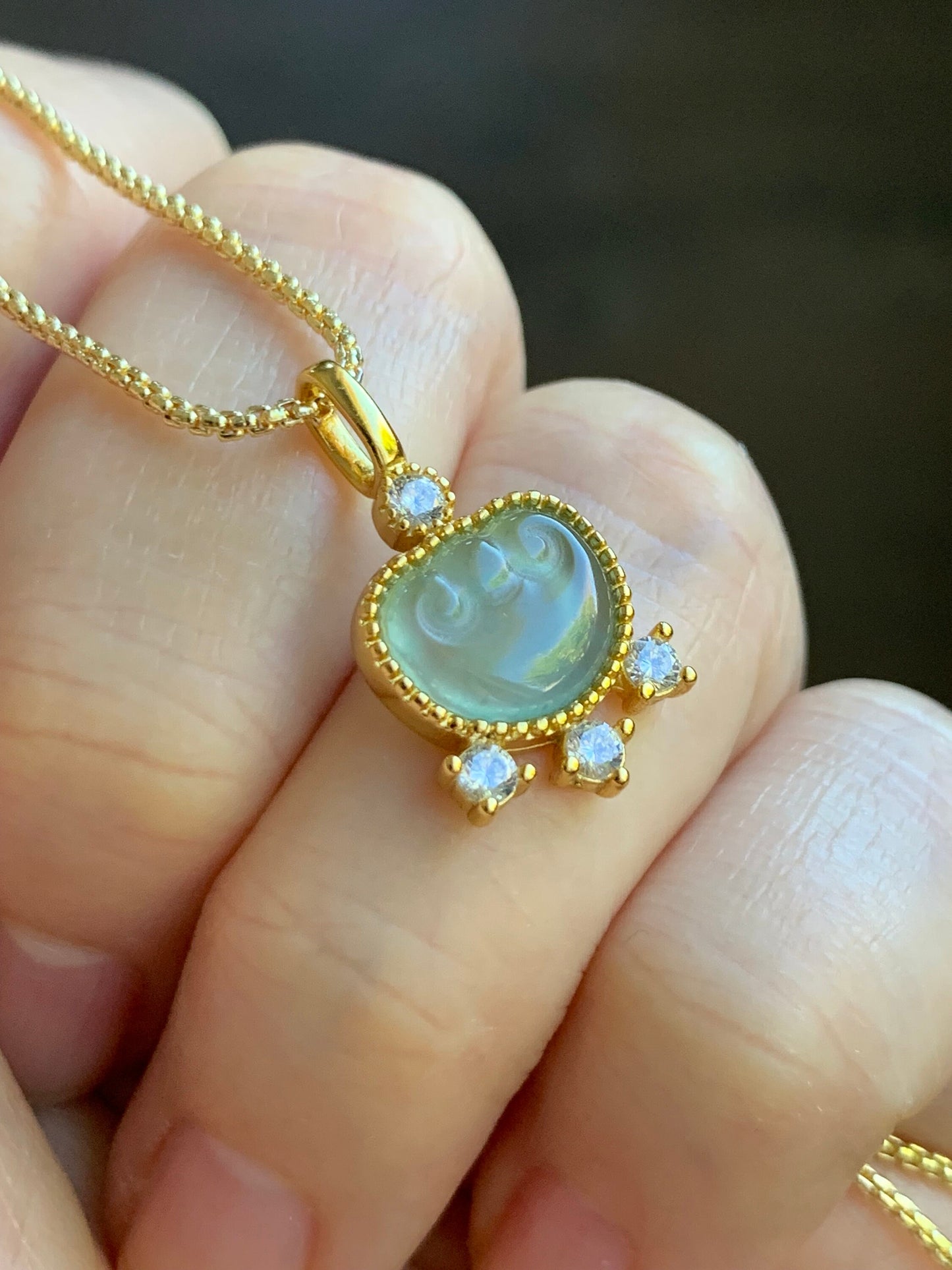 Natural Guatemalan Light Teal Green Jadeite Ruyi Lock Pendant S925 Sterling Silver Yellow Gold Finish 天然冰危蓝绿翡翠银镶如意吊坠