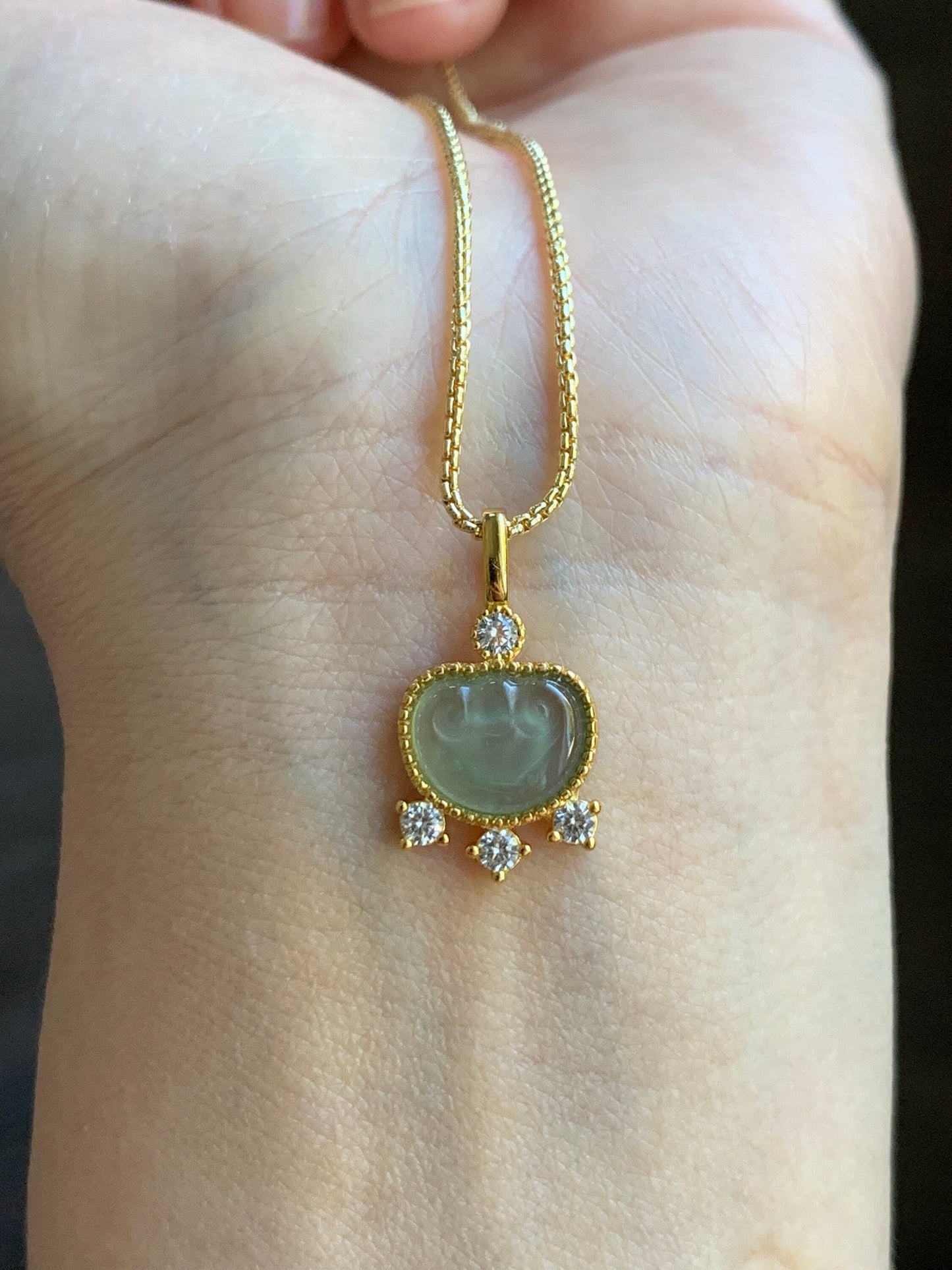 Natural Guatemalan Light Teal Green Jadeite Ruyi Lock Pendant S925 Sterling Silver Yellow Gold Finish 天然冰危蓝绿翡翠银镶如意吊坠
