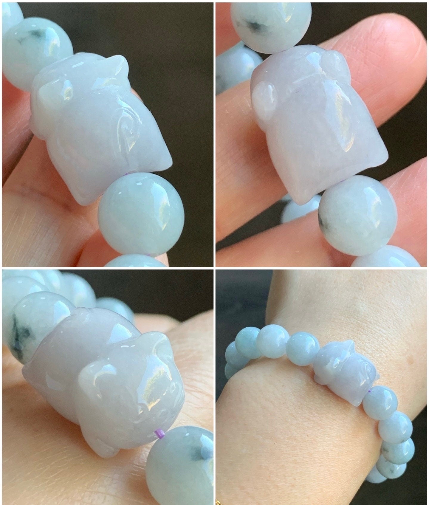 LARGE Natural Burmese A Graded Icy Green Marbled Jadeite Beads Pudgy Cat Jadeite Charm Beaded Bracelet 10mm 6.75” 36g 天然缅甸大卡飘花翡翠猫咪珠手串 11724