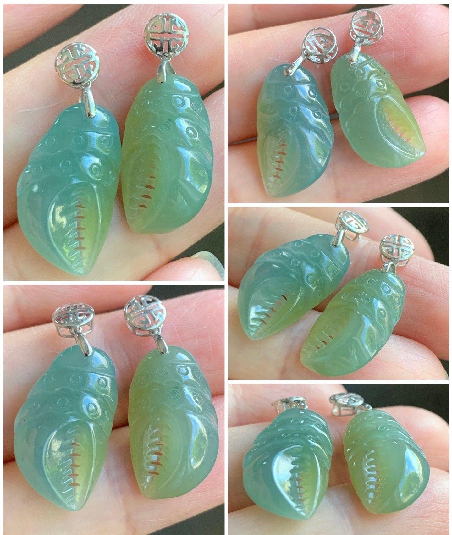 Natural Guatemalan Icy Translucent Dusty Blue & Yellow Jadeite Crab Claw Pendant 18K White Gold Bail 天然冰危蓝加黄翡翠蟹钳镶嵌吊坠