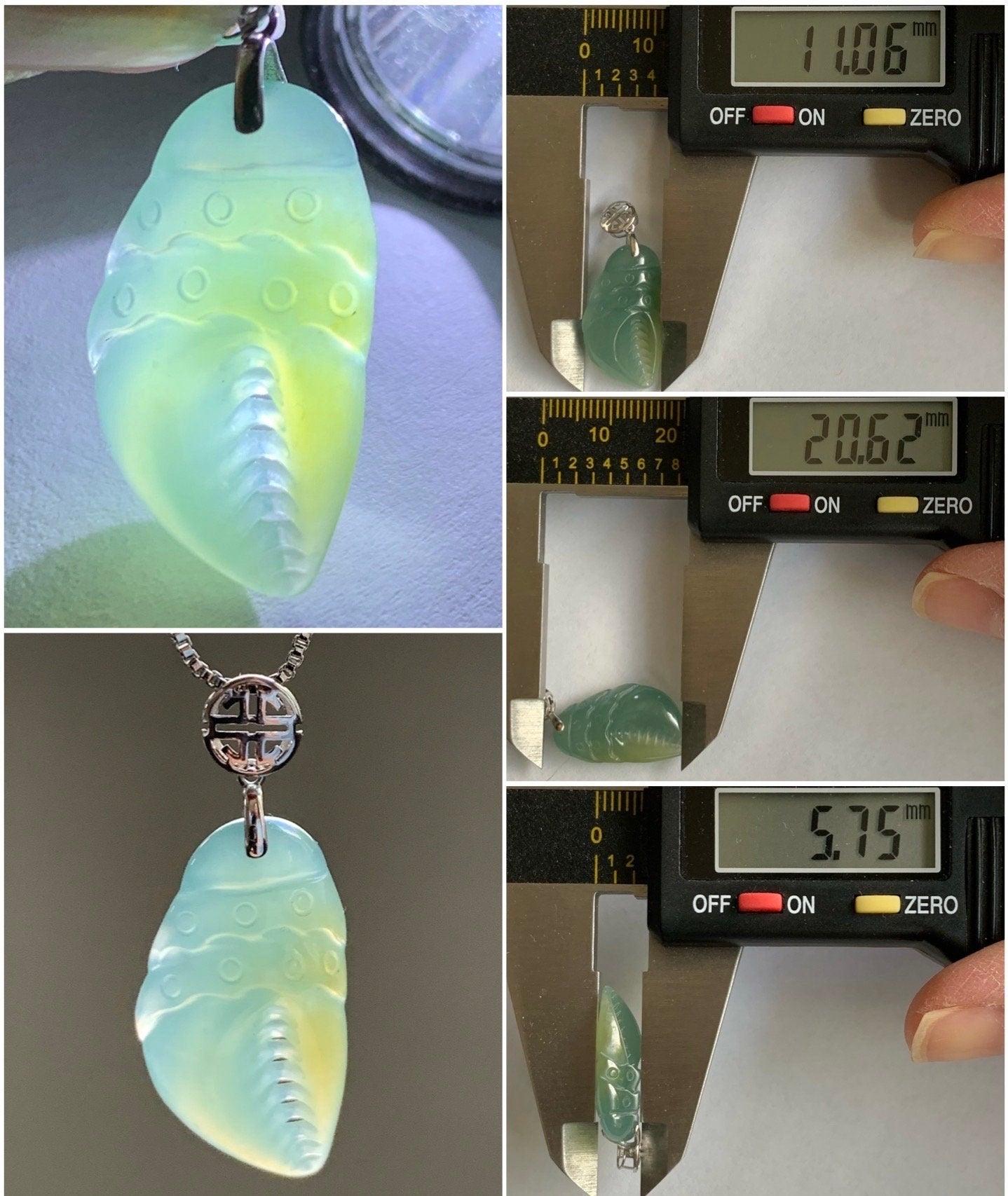 Natural Guatemalan Icy Translucent Dusty Blue & Yellow Jadeite Crab Claw Pendant 18K White Gold Bail 天然冰危蓝加黄翡翠蟹钳镶嵌吊坠
