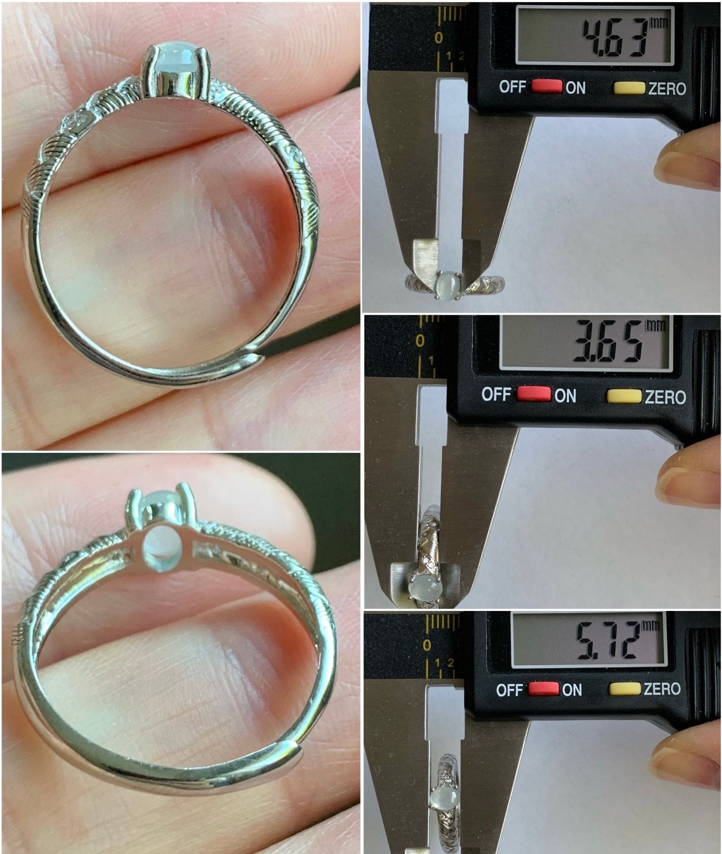 Natural Burmese Icy Translucent White Jadeite Oval Cabochon Solitaire Ring S925 Sterling Silver Size 6.75 Adjustable 天然缅甸白冰翡翠蛋面银镶戒指 1120A