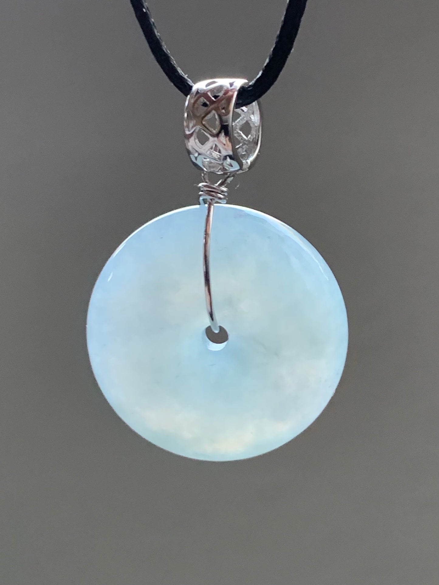 Natural Burmese Icy Translucent Gelatinous Light Blue Wuji Jadeite Ping An Kou Donut Pendant Sterling Silver 天然缅甸冰胶淡蓝乌鸡翡翠平安扣吊坠 B