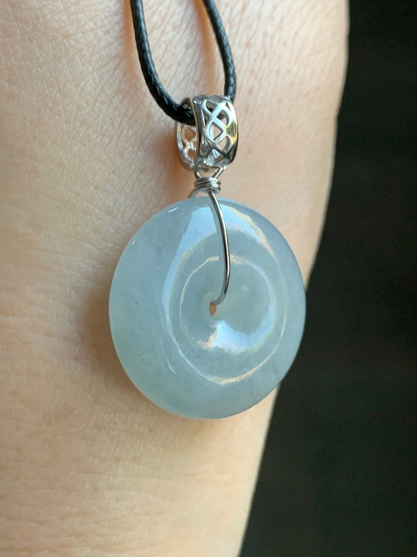 Natural Burmese Icy Translucent Gelatinous Light Blue Wuji Jadeite Ping An Kou Donut Pendant Sterling Silver 天然缅甸冰胶淡蓝乌鸡翡翠平安扣吊坠 B