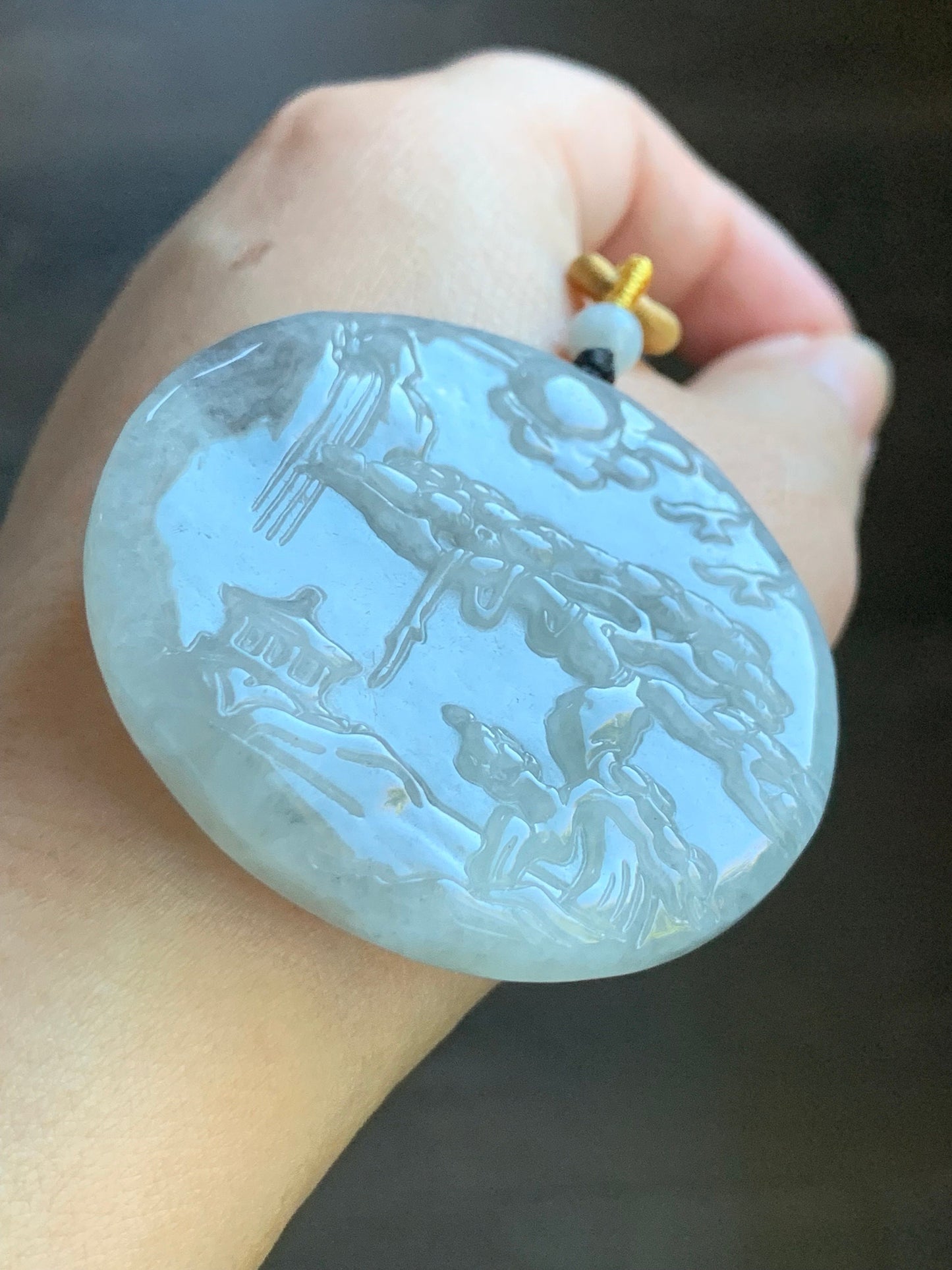 Large Natural Burmese Icy Translucent Light Wuji Marbled Jadeite Shan Shui Scenery Landscape Pendant Rope Necklace 39g 天然缅甸冰乌鸡翡翠山水牌吊坠