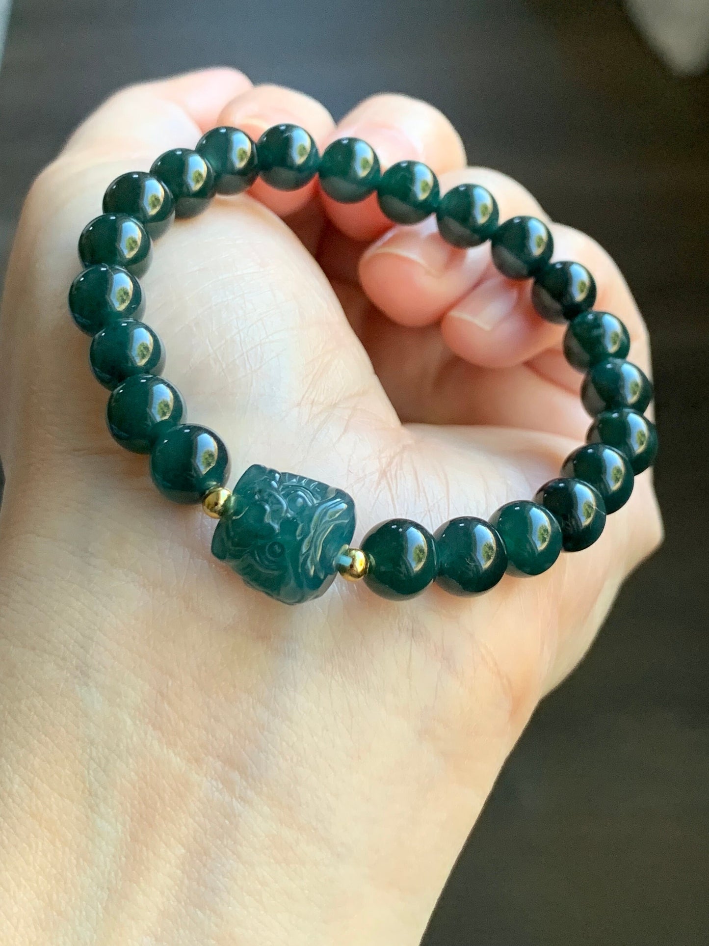 Natural Guatemalan Icy Translucent Gelatinous Dark Teal Green Jadeite Dancing Lion Bead Beaded Bracelet 7” Sterling Silver 天然冰胶危湖水绿翡翠醒狮珠手串