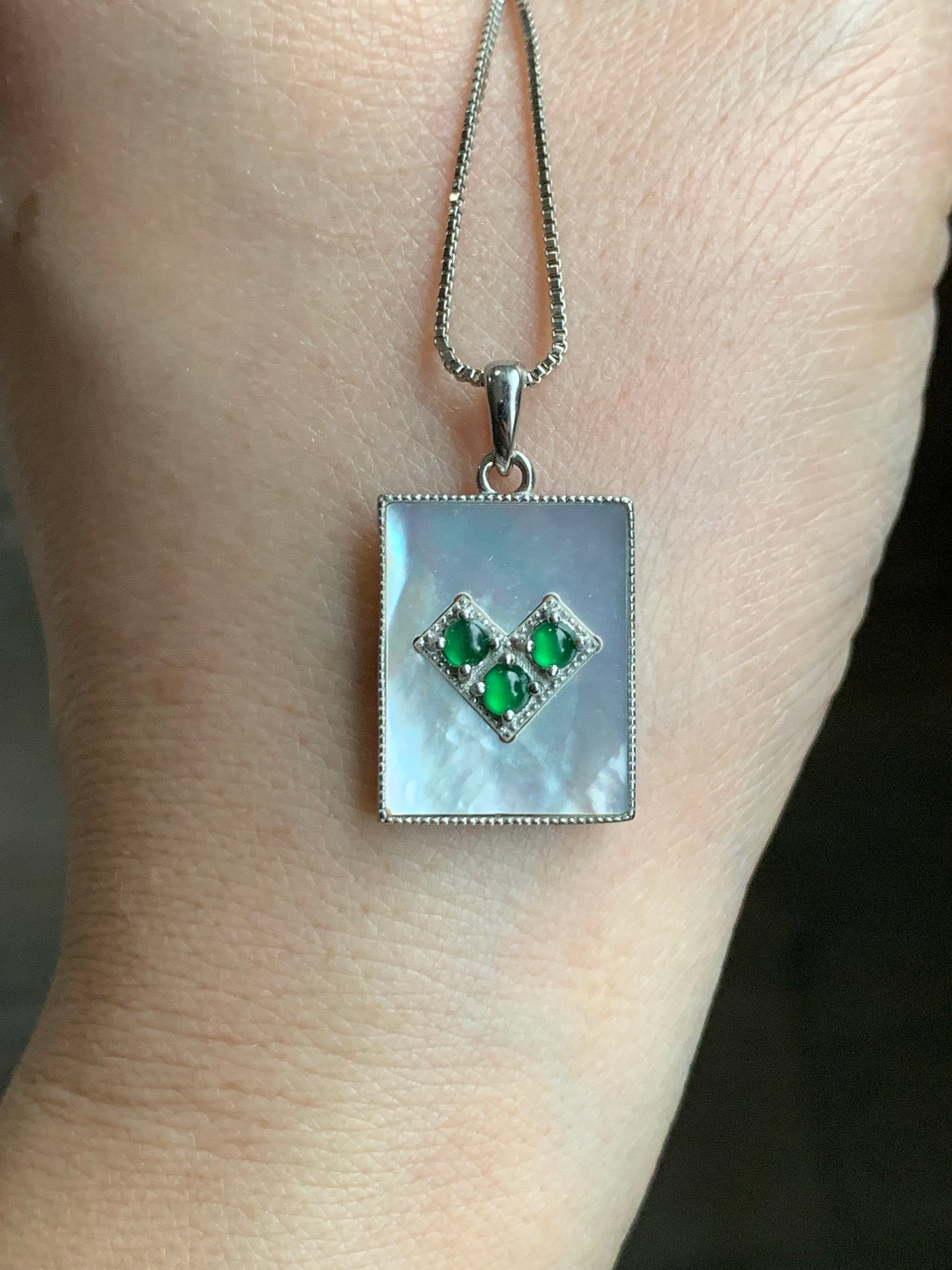 Natural Guatemalan Grade A Icy Vibrant Green Jadeite Mother of Pearl Pendant Sterling Silver 天然冰危绿翡翠贝母银镶吊坠