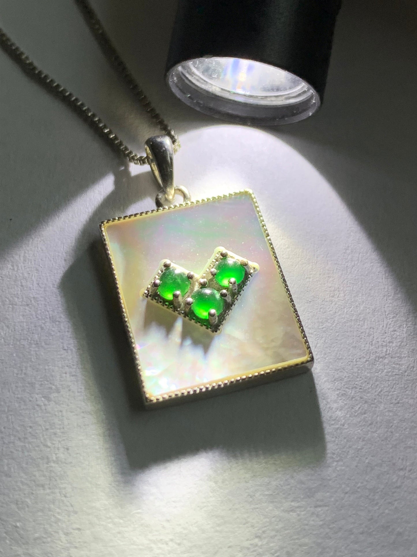 Natural Guatemalan Grade A Icy Vibrant Green Jadeite Mother of Pearl Pendant Sterling Silver 天然冰危绿翡翠贝母银镶吊坠