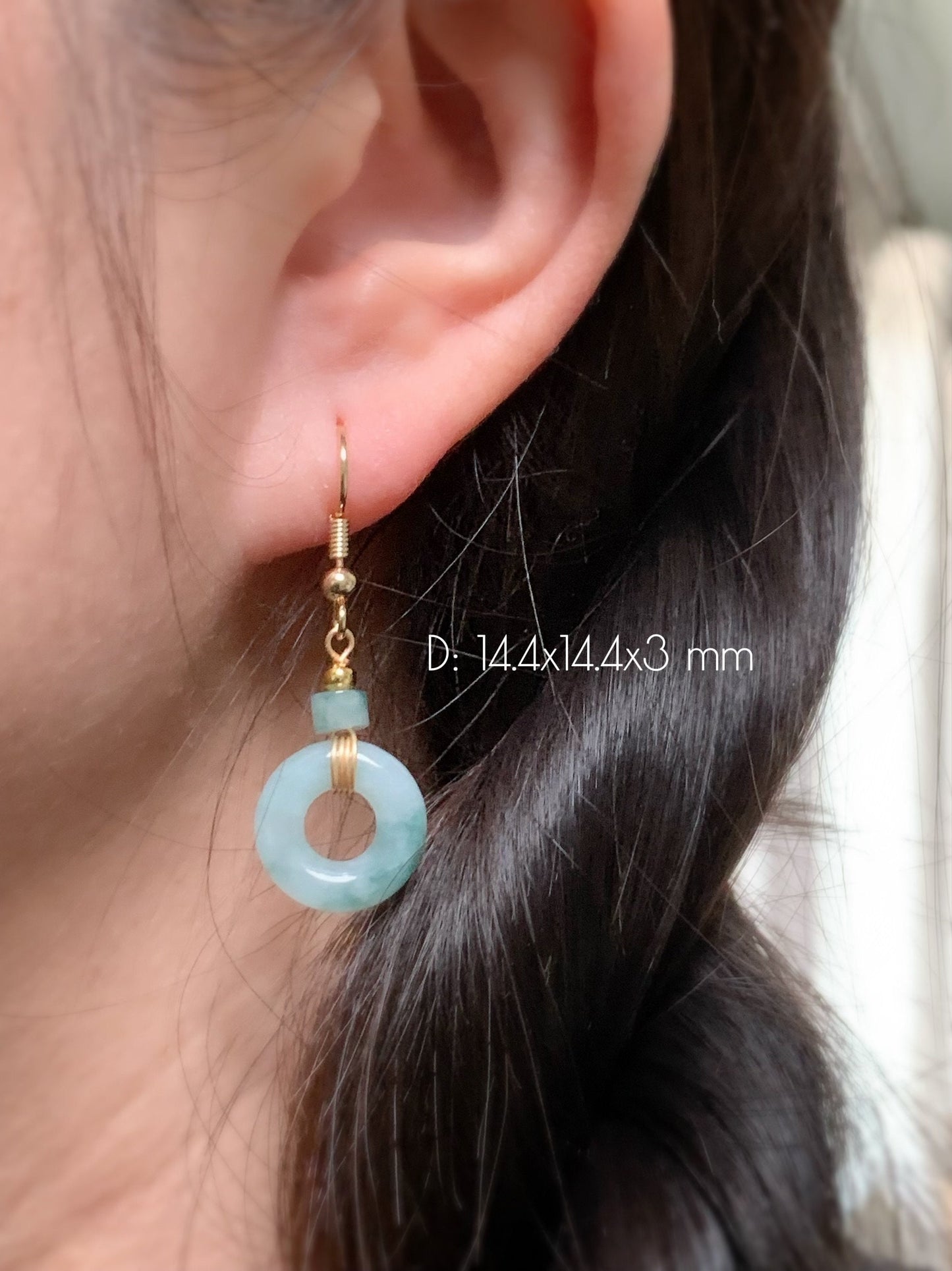Natural Burmese Icy Translucent light green Jadeite w/ Green Marbling Ping An Kou Donut Dangle Earrings 14K Gold Plated 天然缅甸冰飘花翡翠平安扣包金耳吊