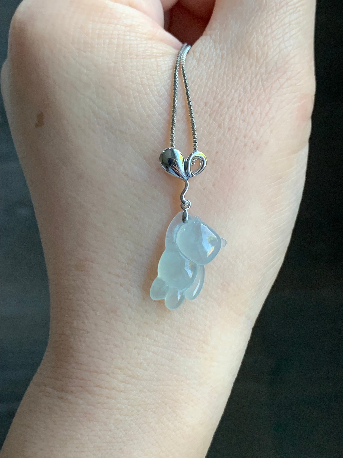 Certified Natural Burmese Icy Translucent Gelatinous White Jadeite Terry Bear w/ Heart Balloon Pendant 18K White Gold 天然缅甸冰胶翡翠小熊爱心气球吊坠 939