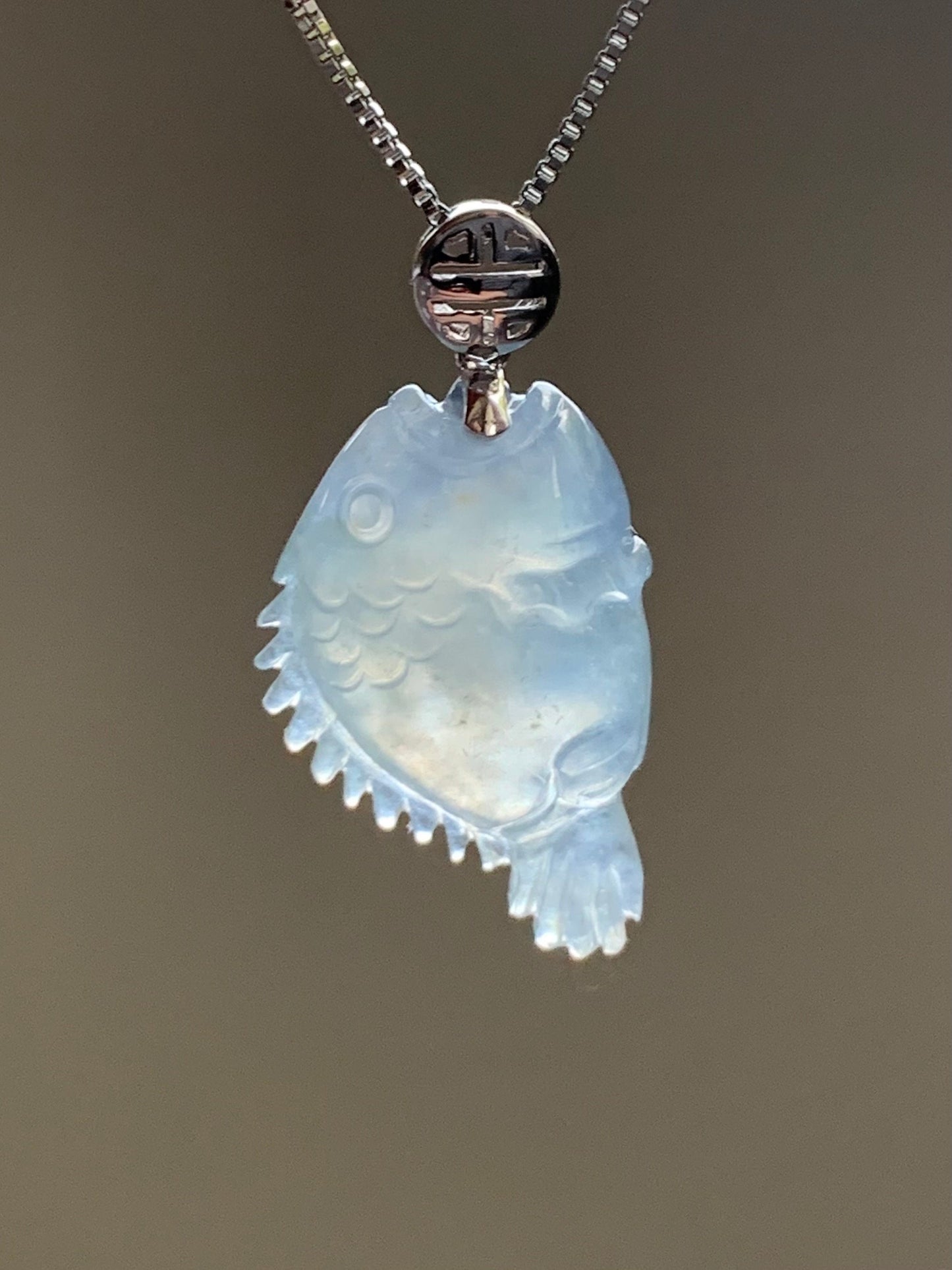 Certified Natural Burmese Icy Translucent Gelatinous Light Blue Jadeite Fish Pendant 18K White Gold 3.17 grams 天然缅甸冰胶淡蓝翡翠鱼镶嵌吊坠