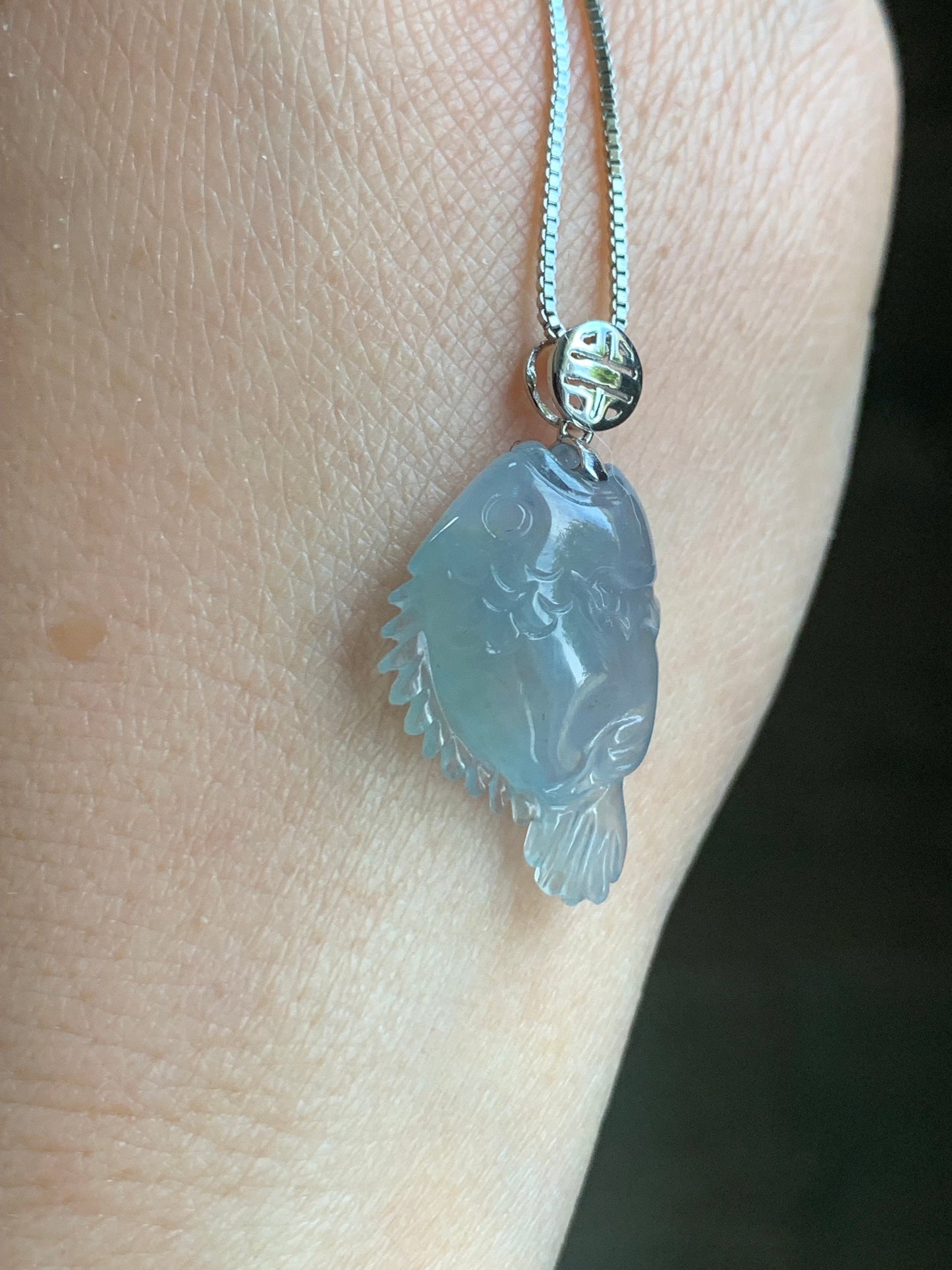 Certified Natural Burmese Icy Translucent Gelatinous Light Blue Jadeite Fish Pendant 18K White Gold 3.17 grams 天然缅甸冰胶淡蓝翡翠鱼镶嵌吊坠