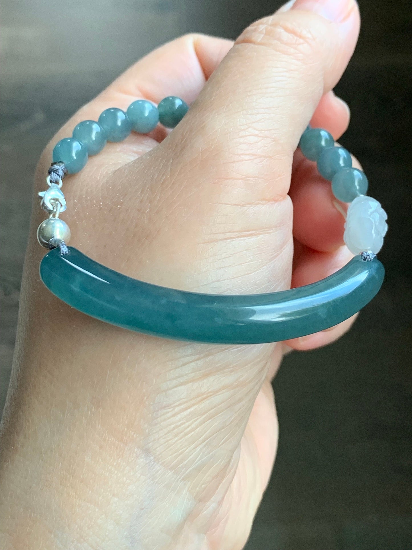 Natural Guatemalan Icy Highly Translucent Blue Jadeite Cuff White Peony Beaded Bracelet Sterling Silver Clasp 7.5” 19g 天然冰胶危蓝水翡翠手牌牡丹花手串