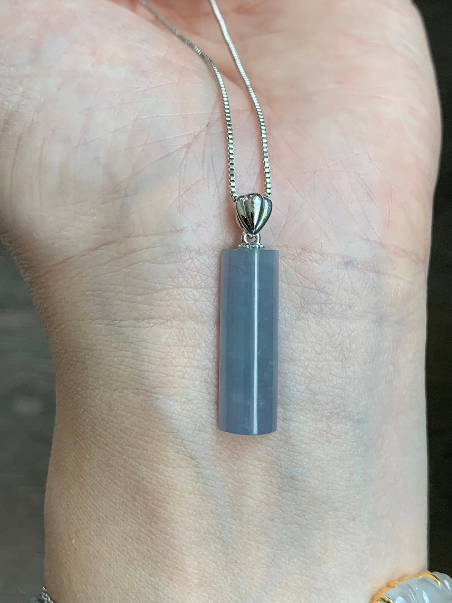 Certified Natural Guatemalan Icy Highly Translucent Light Purplish Blue Jadeite Semi Cylinder Pendant 18K White Gold 天然冰危淡蓝紫翡翠半圆柱镶嵌吊坠 3298