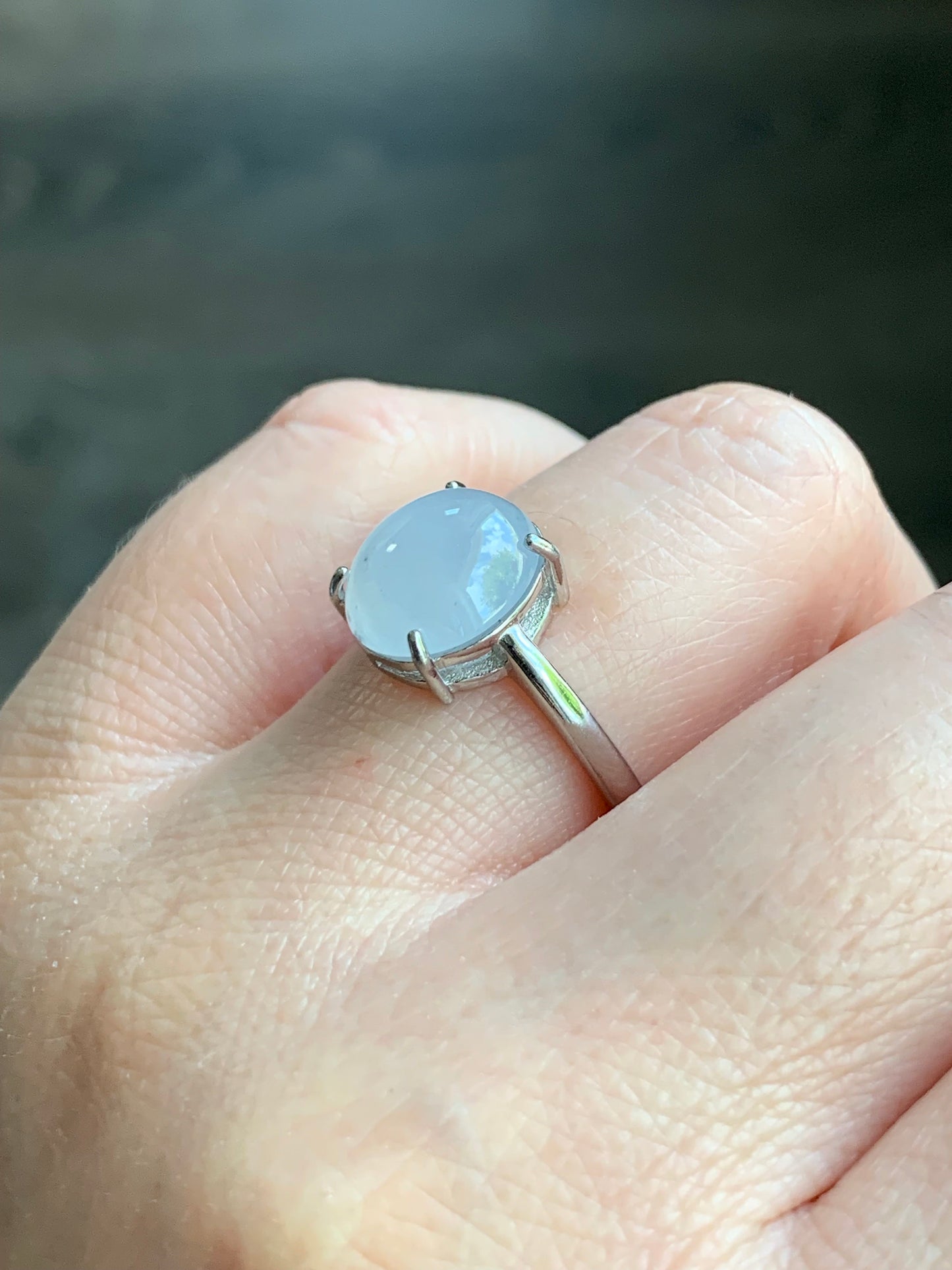 Natural Burmese Icy Translucent Gelatinous White Jadeite Wuji Marbling Ring Sterling Silver Size 7 Adjustable 天然缅甸白冰胶飘乌鸡翡翠蛋面银镶戒指 MBWJ80