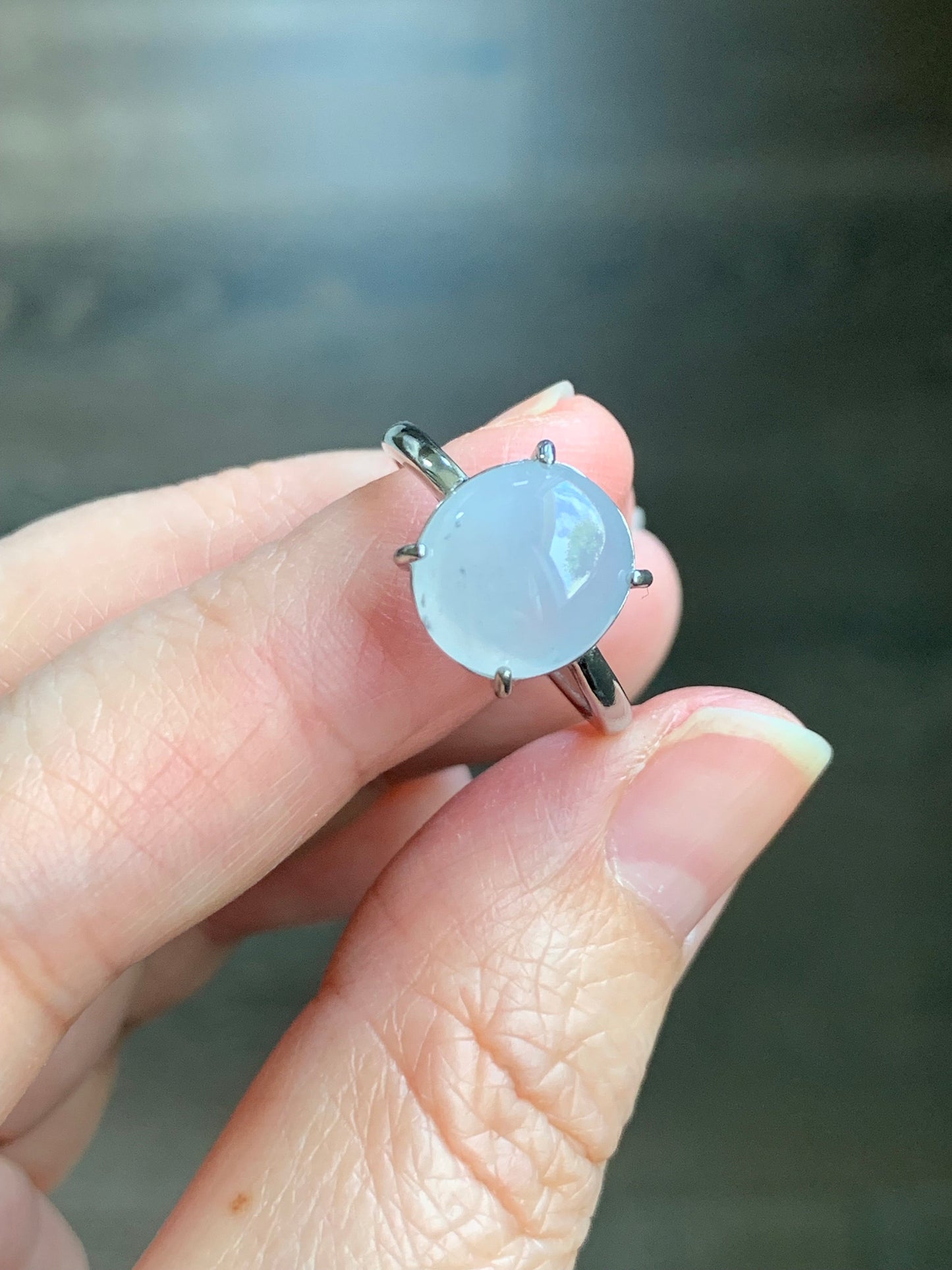 Natural Burmese Icy Translucent Gelatinous White Jadeite Wuji Marbling Ring Sterling Silver Size 7 Adjustable 天然缅甸白冰胶飘乌鸡翡翠蛋面银镶戒指 MBWJ80