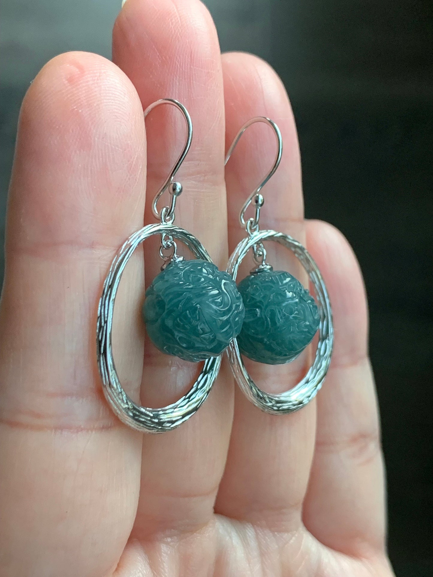 Natural Guatemalan Icy Translucent Teal Blue Jadeite Carved Dragon Ball Sphere Dangle Earrings Sterling Silver 9g 天然冰危蓝水翡翠龙珠银耳钩