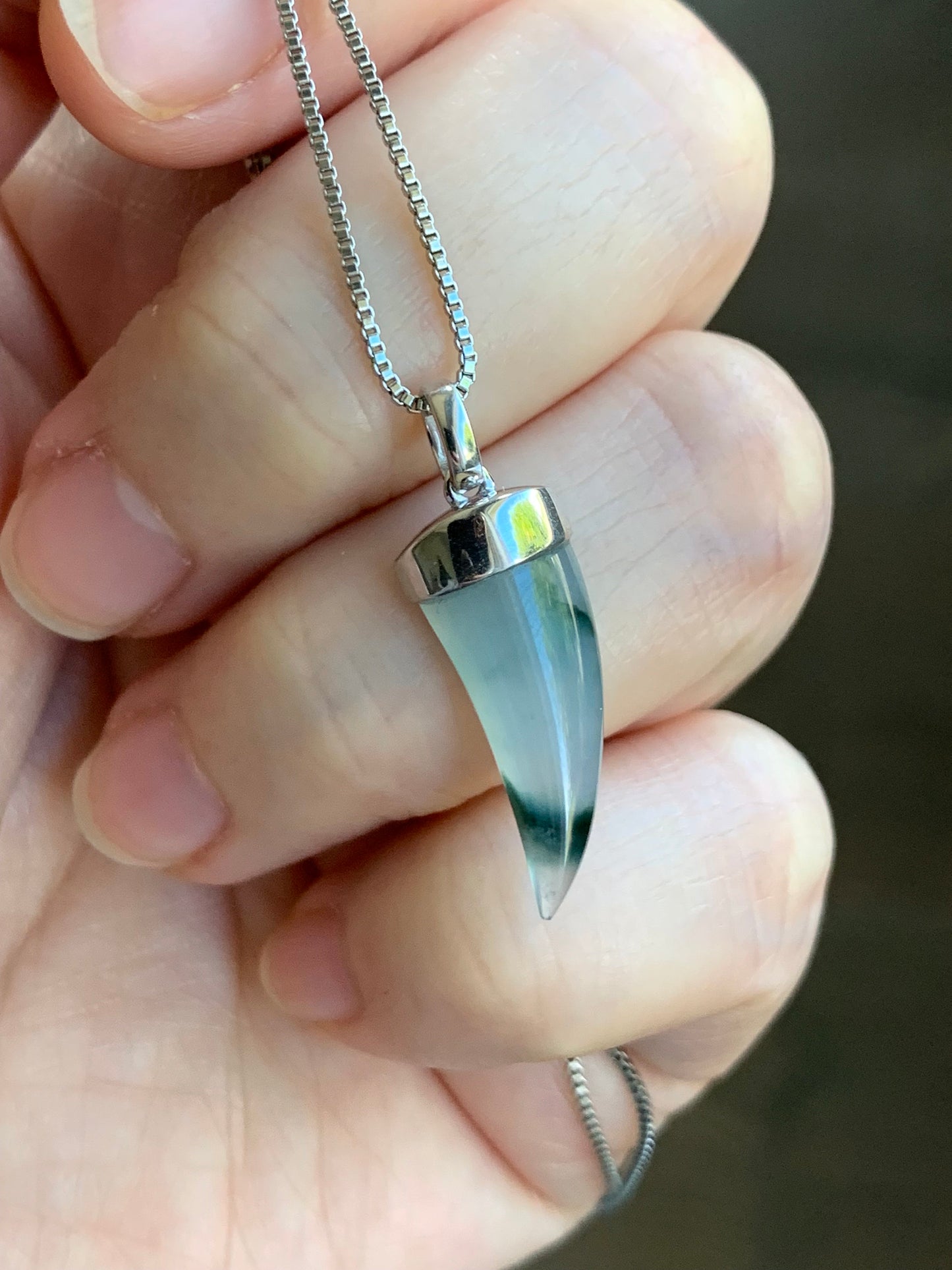 Certified Natural Burmese Icy Translucent Jadeite w/ Dark Green Marbling Dragon Tooth Pendant 18K White Gold 天然缅甸老种冰胶飘花翡翠龙牙镶嵌吊坠 3290