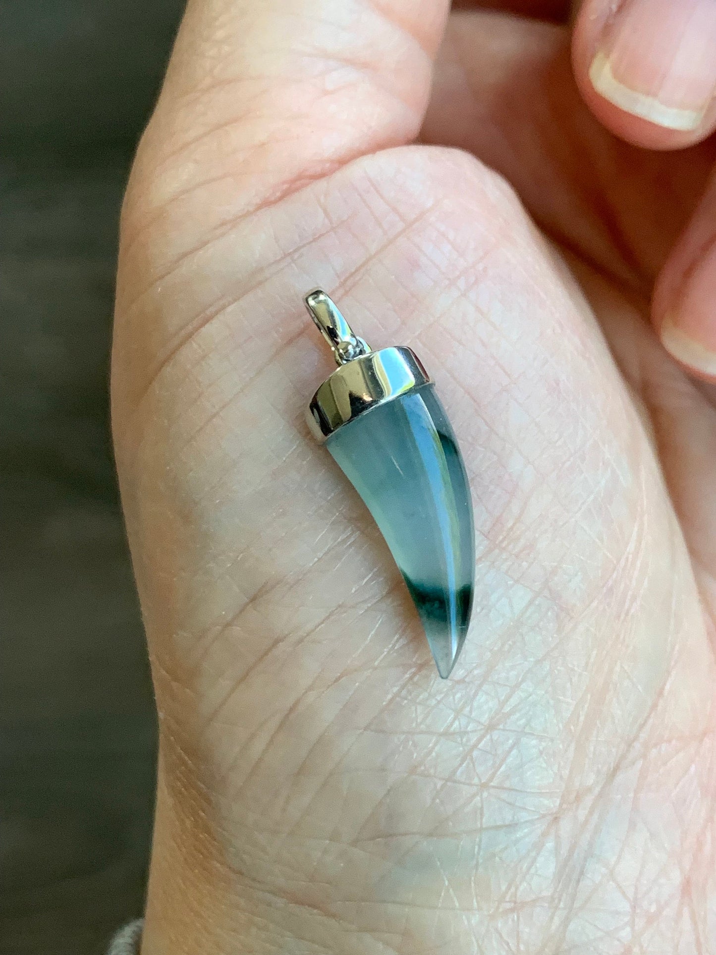 Certified Natural Burmese Icy Translucent Jadeite w/ Dark Green Marbling Dragon Tooth Pendant 18K White Gold 天然缅甸老种冰胶飘花翡翠龙牙镶嵌吊坠 3290