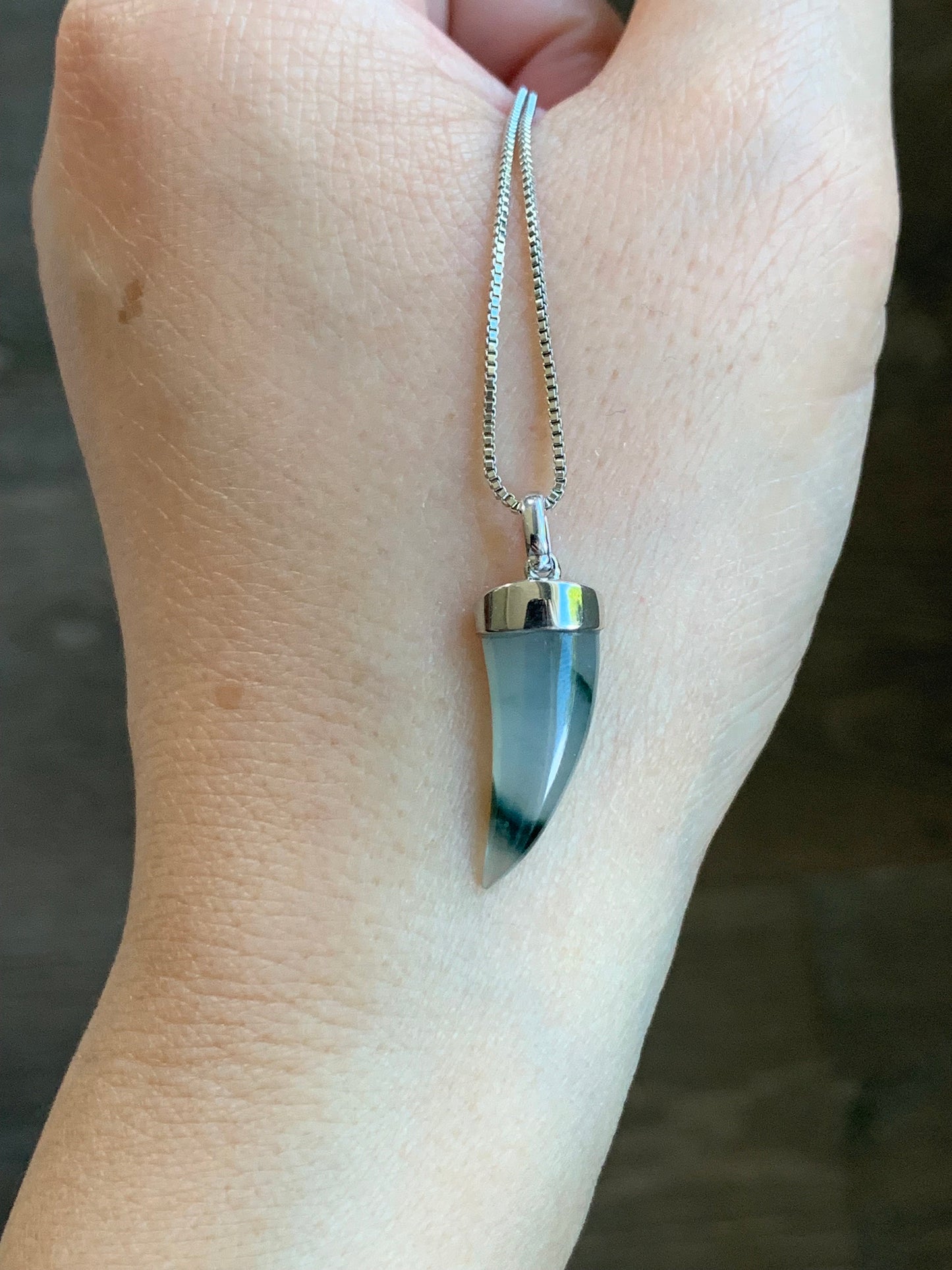 Certified Natural Burmese Icy Translucent Jadeite w/ Dark Green Marbling Dragon Tooth Pendant 18K White Gold 天然缅甸老种冰胶飘花翡翠龙牙镶嵌吊坠 3290
