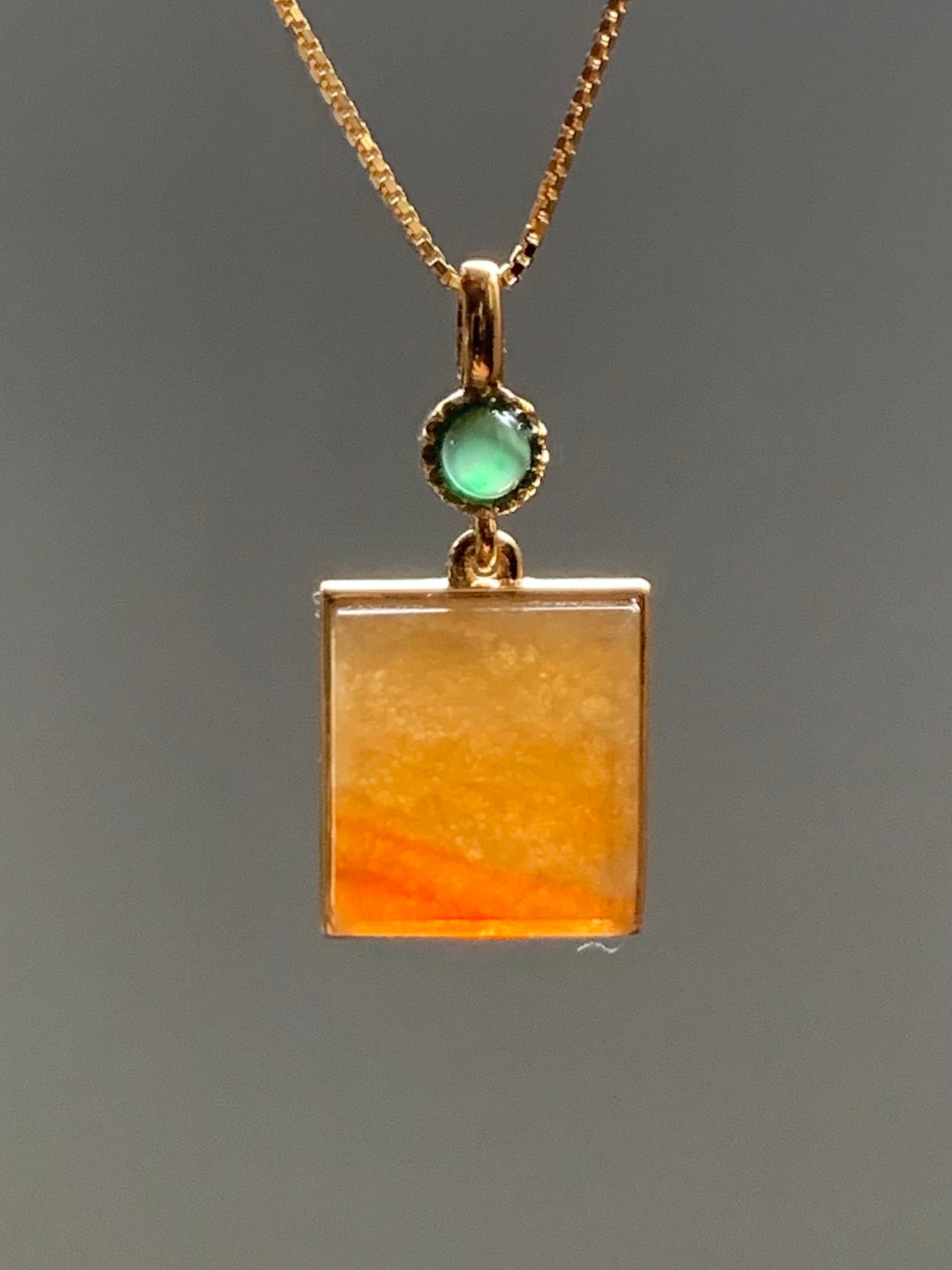 Certified Natural Burmese Icy Translucent Honey Yellow Jadeite Square Shaped Wu Shi Pai Pendant 18K Yellow Gold 天然缅甸起冰油黄翡翠无事牌镶嵌吊坠 3293