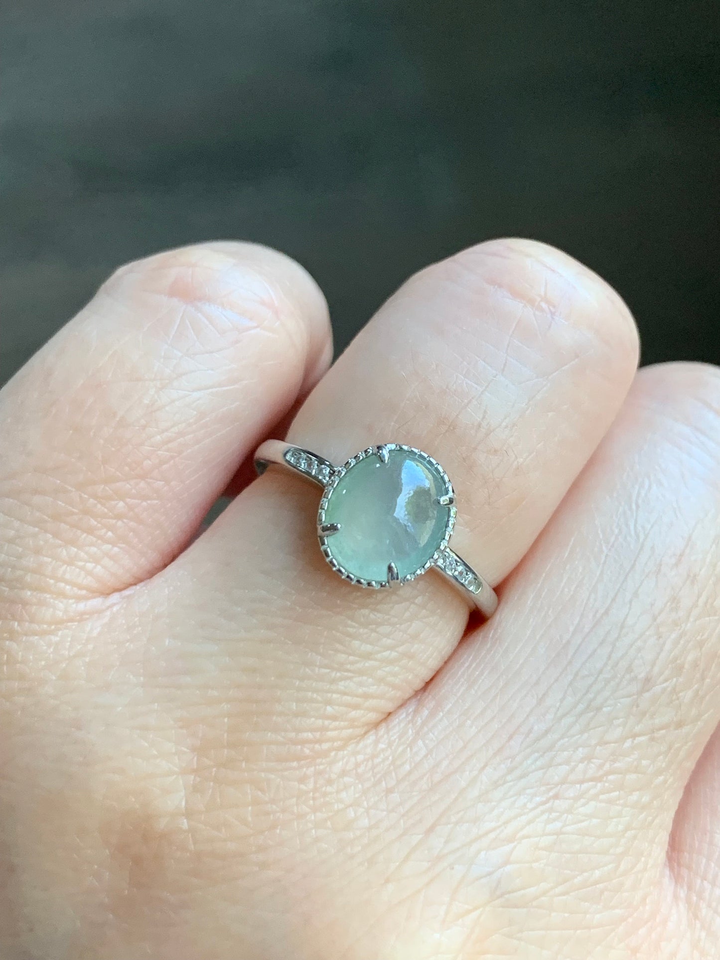 Natural Burmese Icy Highly Translucent Light Green Jadeite Ring Sterling Silver Size 7 Adjustable 天然缅甸冰淡晴底翡翠蛋面银镶戒指 221G