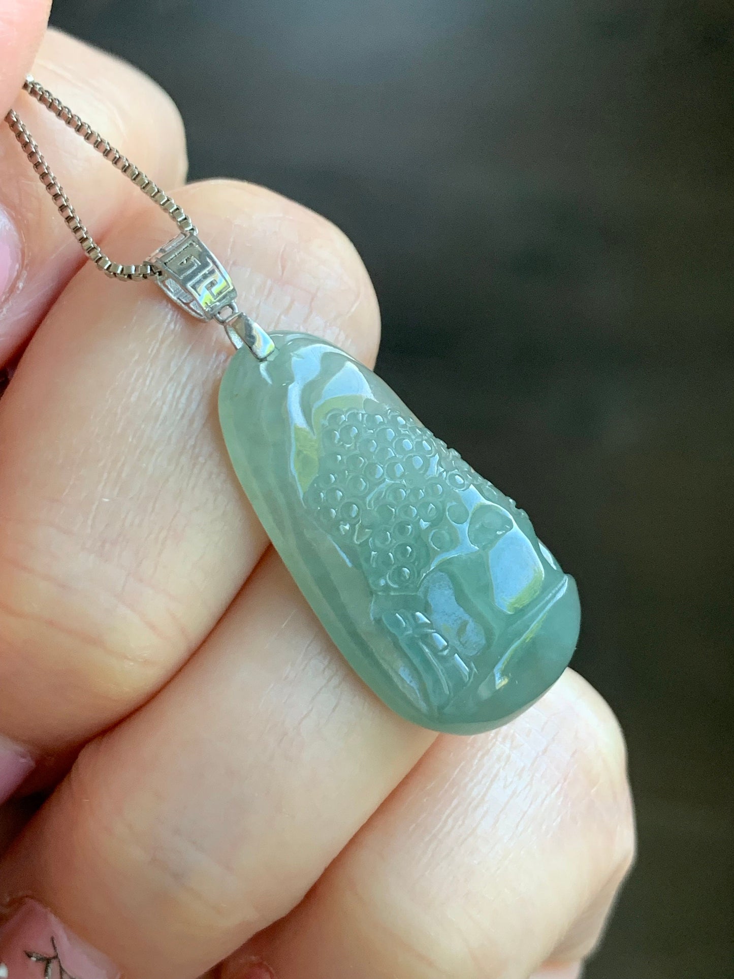 Natural Burmese Icy Translucent Gelatinous Light Green Jadeite Shan Shui Pai Landscape Scenery Pendant 18K White Gold 天然缅甸冰晴绿翡翠精工雕山水牌吊坠