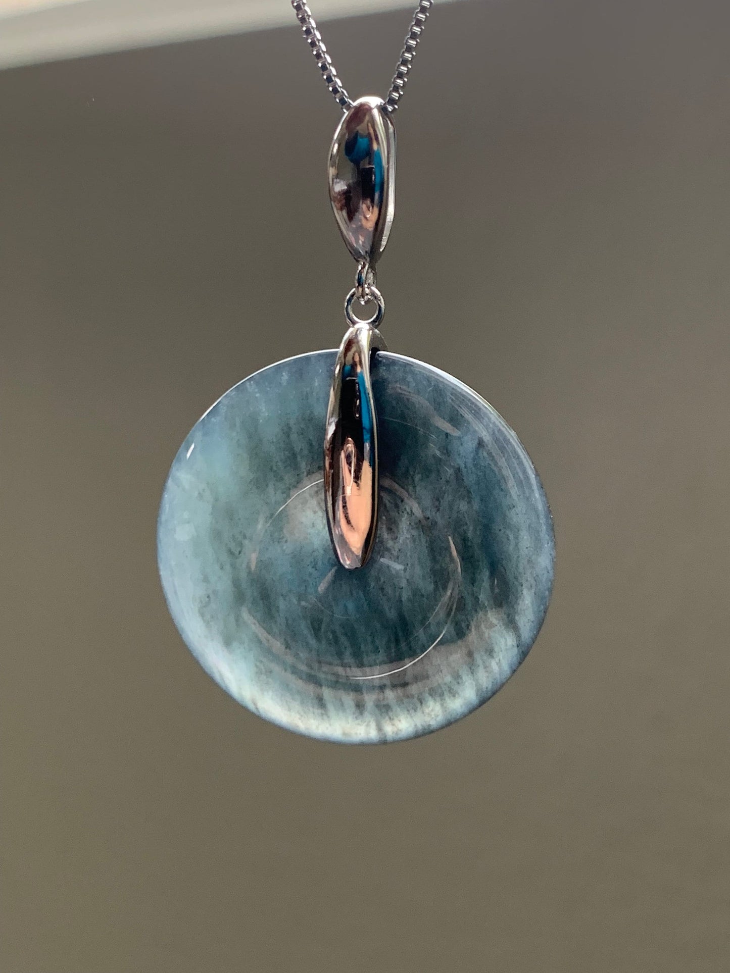 Certified Natural Guatemalan Premium Icy Translucent Dark Blue Wuji Jadeite Ping An Kou Donut Pendant Sterling Silver 天然老种冰危深蓝乌鸡翡翠平安扣吊坠 3280