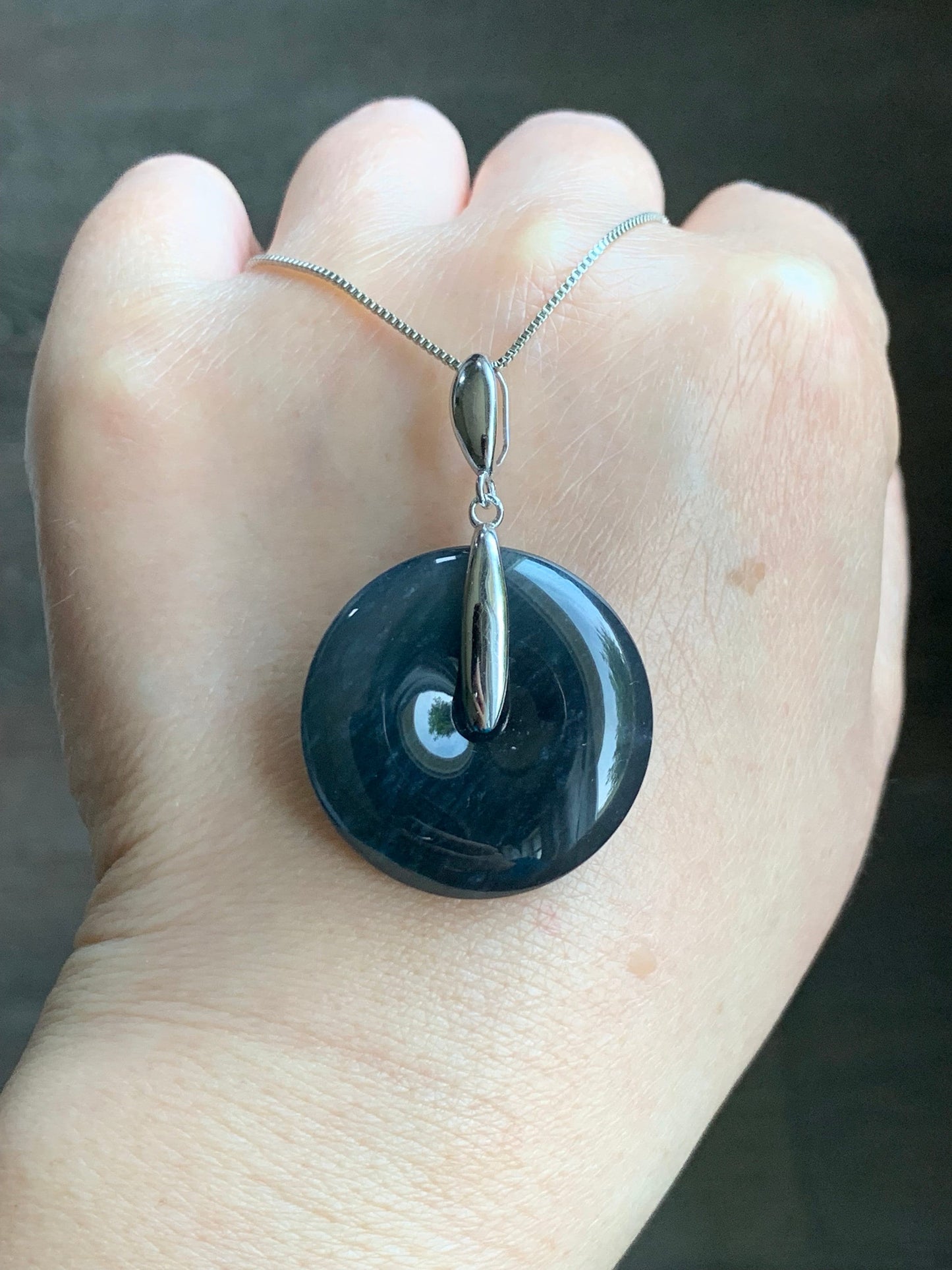 Certified Natural Guatemalan Premium Icy Translucent Dark Blue Wuji Jadeite Ping An Kou Donut Pendant Sterling Silver 天然老种冰危深蓝乌鸡翡翠平安扣吊坠 3280