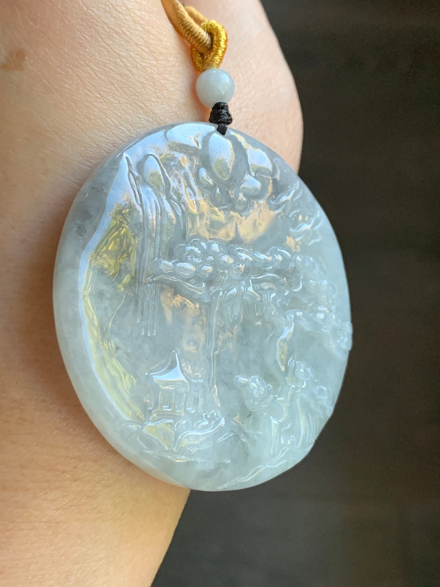 Large Natural Burmese Icy Translucent Light Wuji Marbled Jadeite Shan Shui Scenery Landscape Pendant Rope Necklace 39g 天然缅甸冰乌鸡翡翠山水牌吊坠
