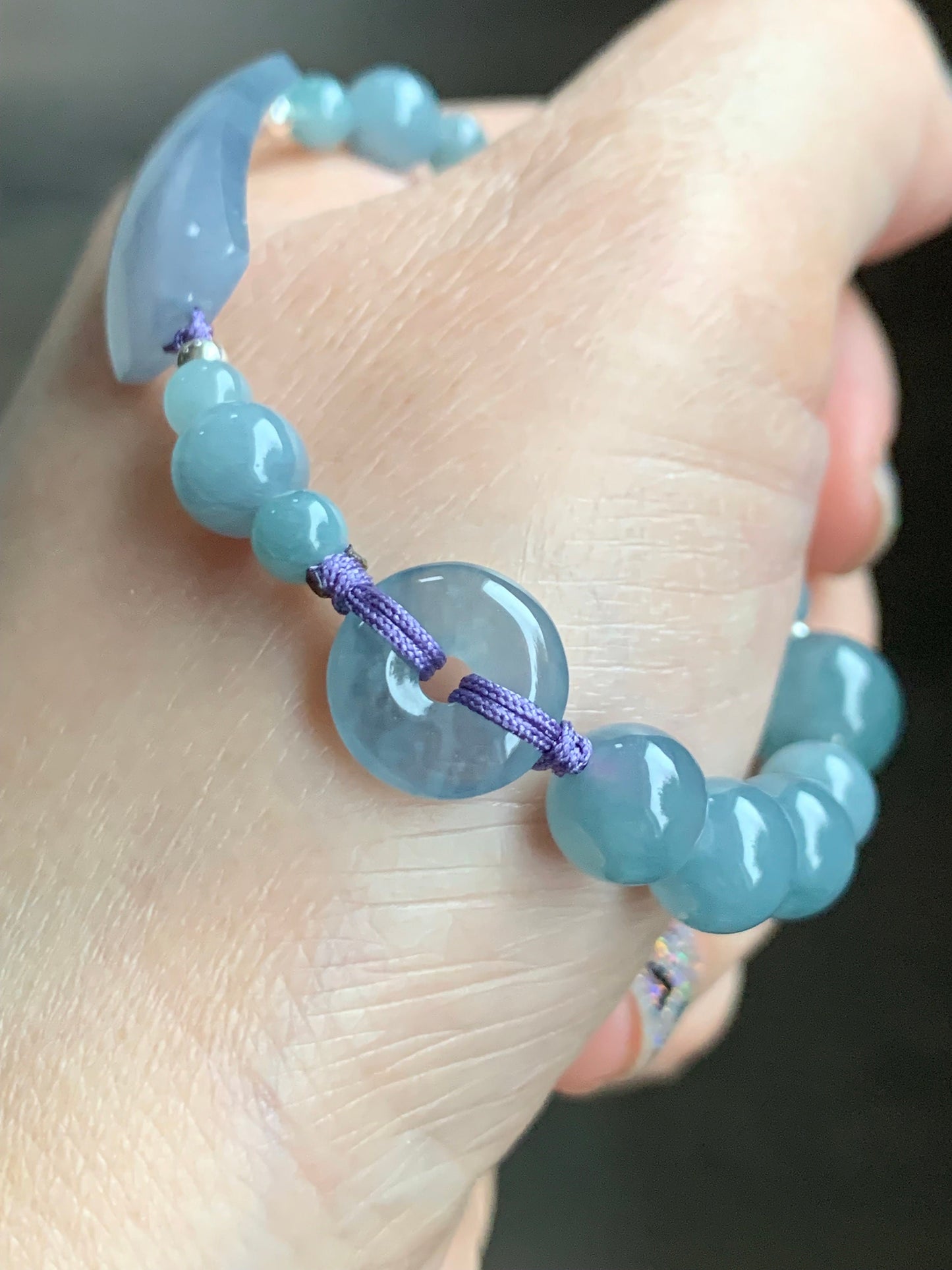Certified Natural Guatemalan Icy Highly Translucent Purplish Blue Jadeite & Dusty Blue Jadeite Beaded Bracelet 6.75” 16g 天然冰透危蓝紫翡翠手牌蓝水珠手串