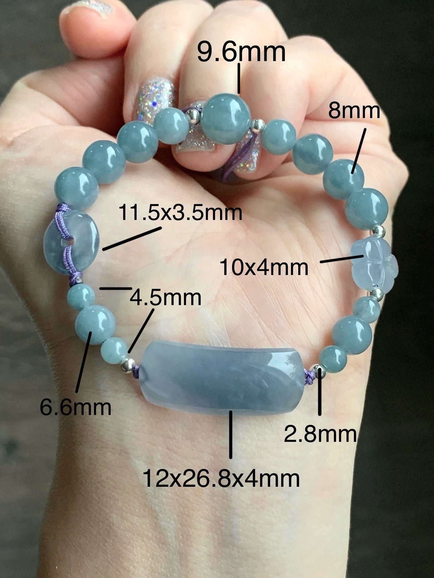 Certified Natural Guatemalan Icy Highly Translucent Purplish Blue Jadeite & Dusty Blue Jadeite Beaded Bracelet 6.75” 16g 天然冰透危蓝紫翡翠手牌蓝水珠手串