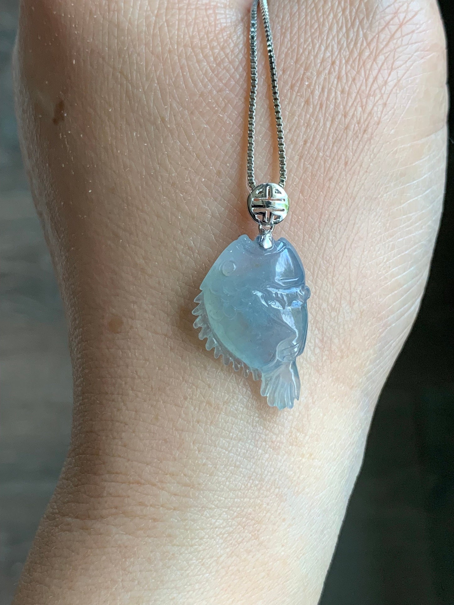 Certified Natural Burmese Icy Translucent Gelatinous Light Blue Jadeite Fish Pendant 18K White Gold 3.17 grams 天然缅甸冰胶淡蓝翡翠鱼镶嵌吊坠