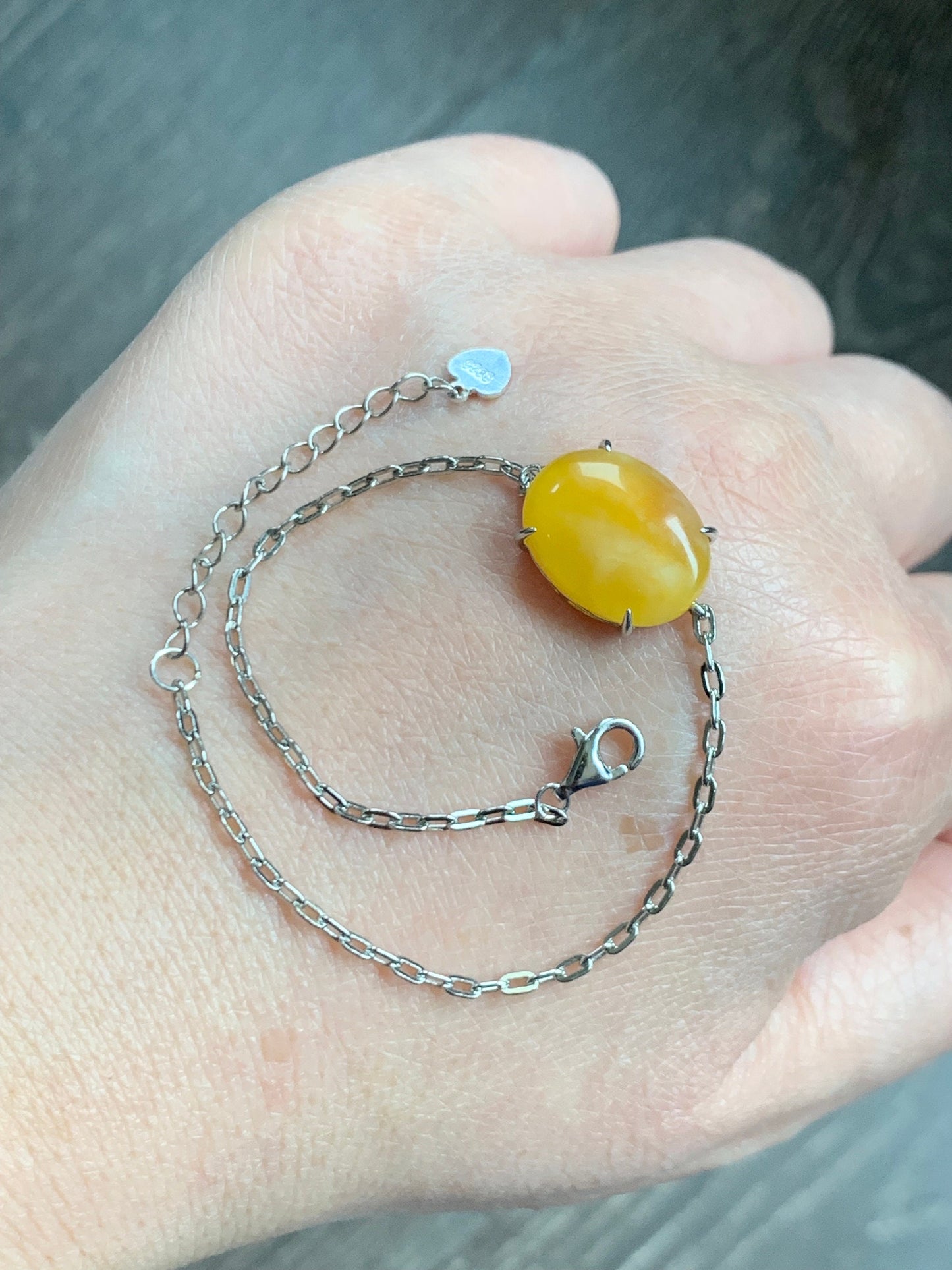 Natural Fossilized Tree Bark Resin Honeybee Wax Oval Canochon Sterling Silver Cable Chain Bracelet Adjustable 6.5”-8” 天然蜜蜡椭圆银镶手链