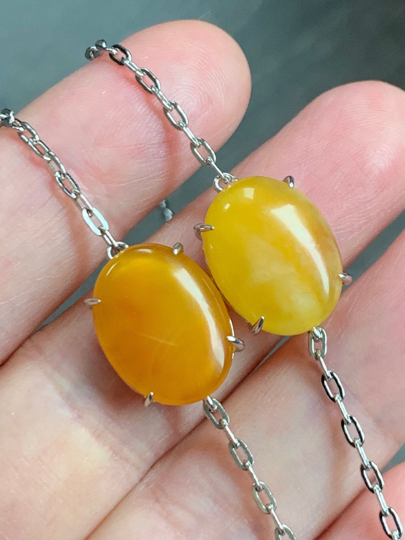 Natural Fossilized Tree Bark Resin Honeybee Wax Oval Canochon Sterling Silver Cable Chain Bracelet Adjustable 6.5”-8” 天然蜜蜡椭圆银镶手链
