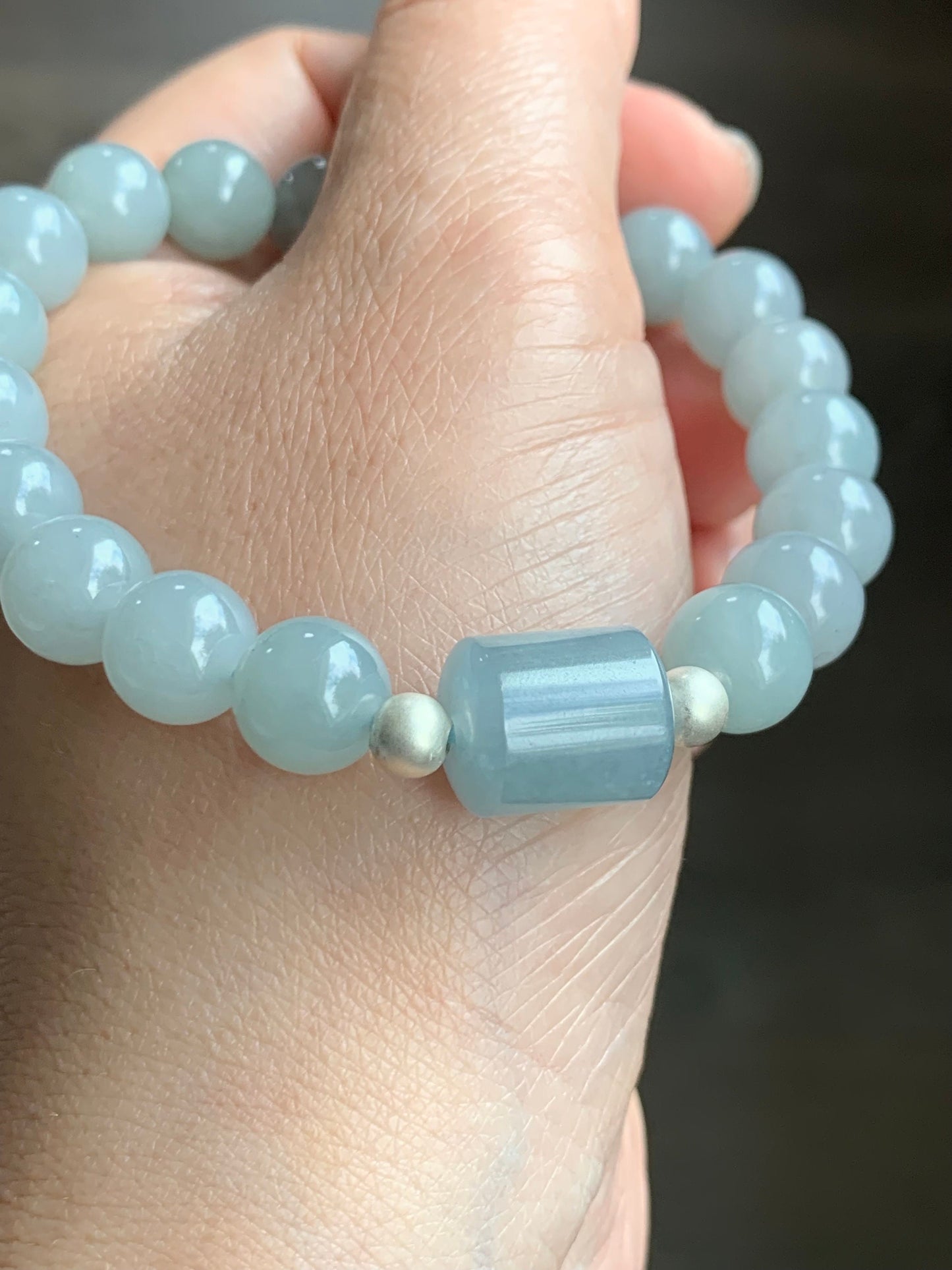 Natural Guatemalan Icy Translucent Light Blue Jadeite LuLuTong Barrel Bead Beaded Bracelet Sterling Silver 9.5mm 7.5” 31g 天然冰危淡蓝翡翠路路通手串 0302