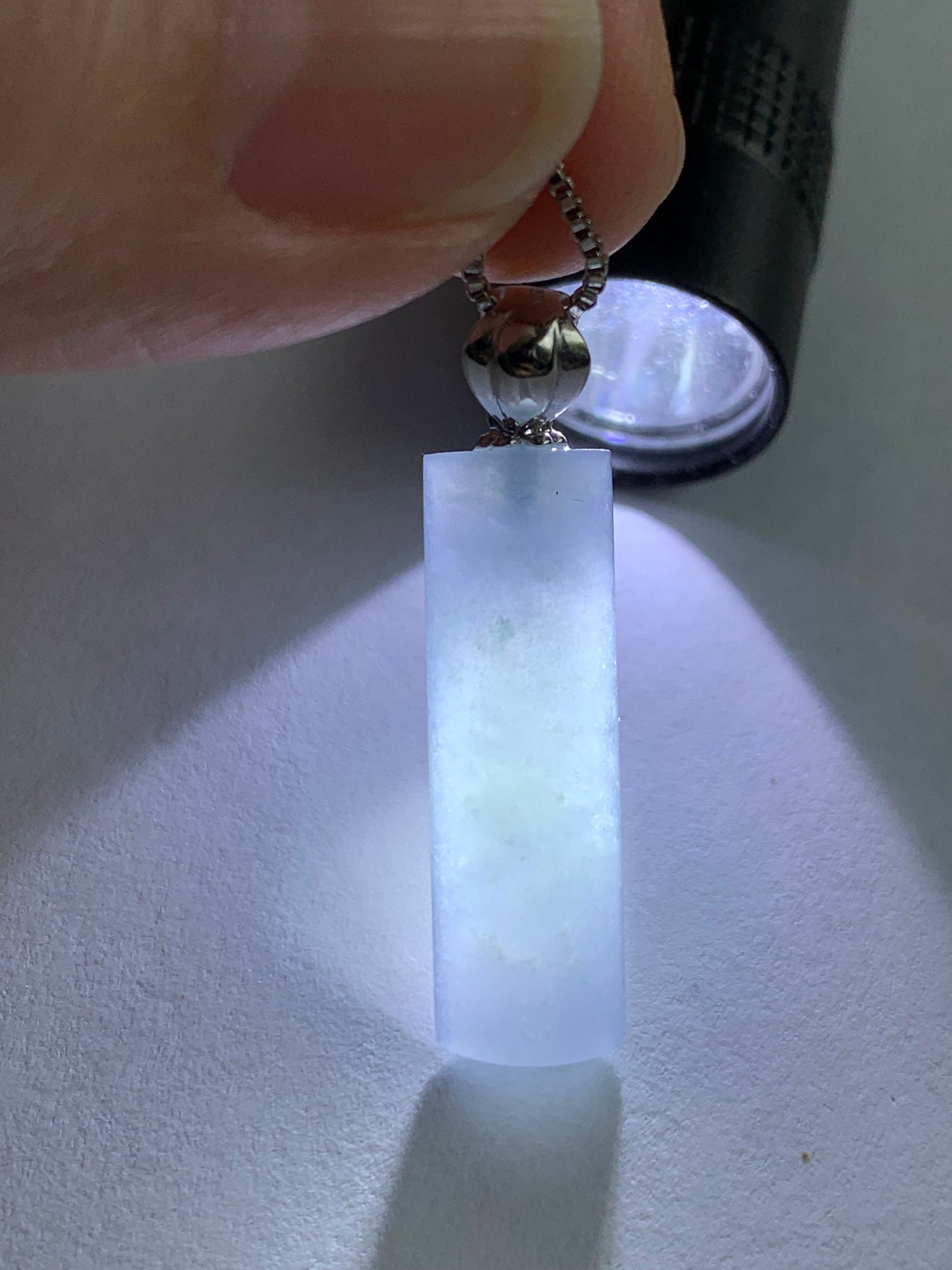 Certified Natural Guatemalan Icy Highly Translucent Light Purplish Blue Jadeite Semi Cylinder Pendant 18K White Gold 天然冰危淡蓝紫翡翠半圆柱镶嵌吊坠 3298