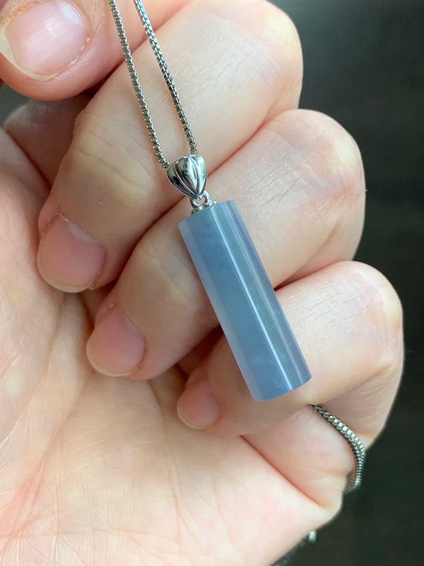Certified Natural Guatemalan Icy Highly Translucent Light Purplish Blue Jadeite Semi Cylinder Pendant 18K White Gold 天然冰危淡蓝紫翡翠半圆柱镶嵌吊坠 3298