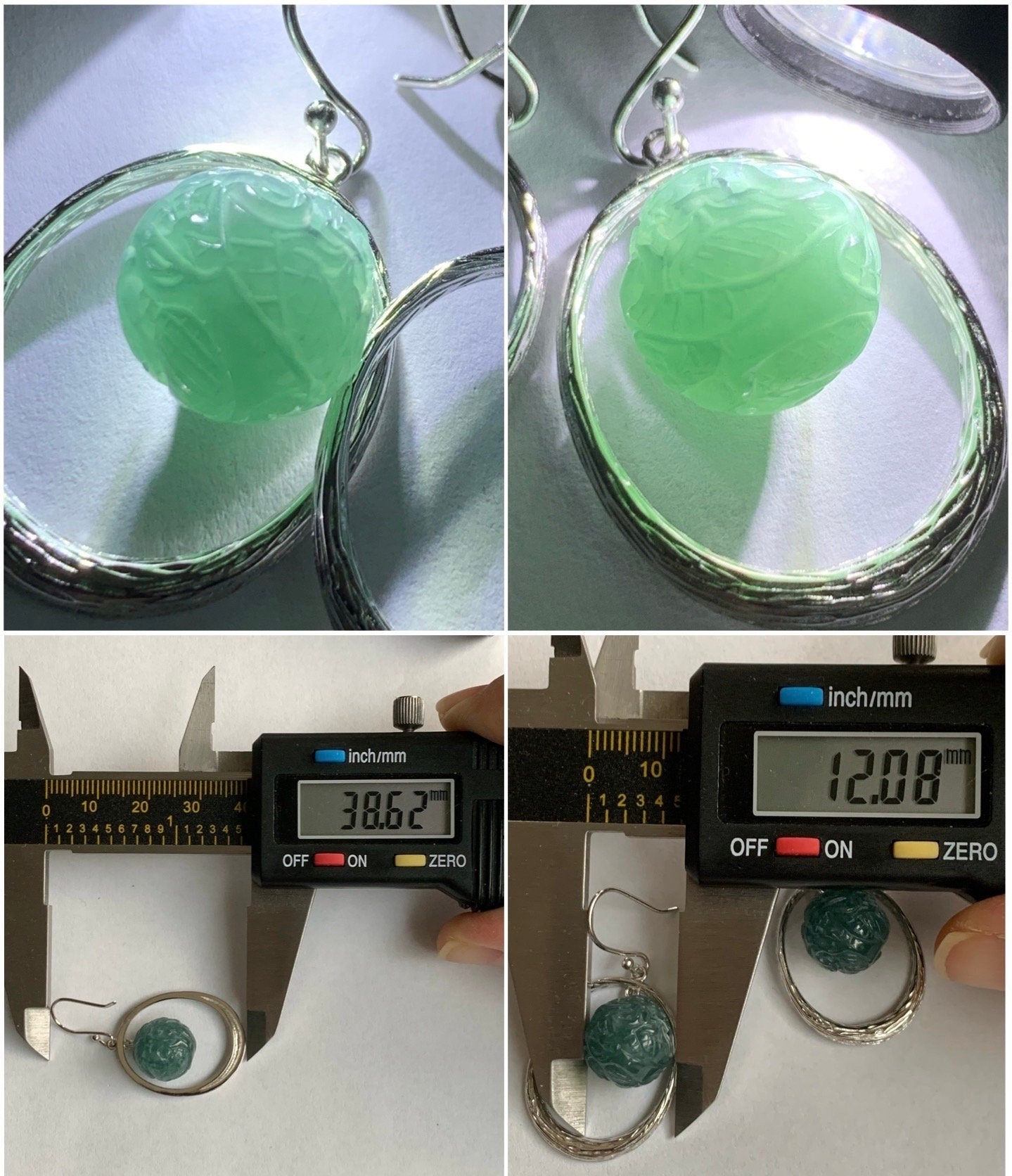 Natural Guatemalan Icy Translucent Teal Blue Jadeite Carved Dragon Ball Sphere Dangle Earrings Sterling Silver 9g 天然冰危蓝水翡翠龙珠银耳钩