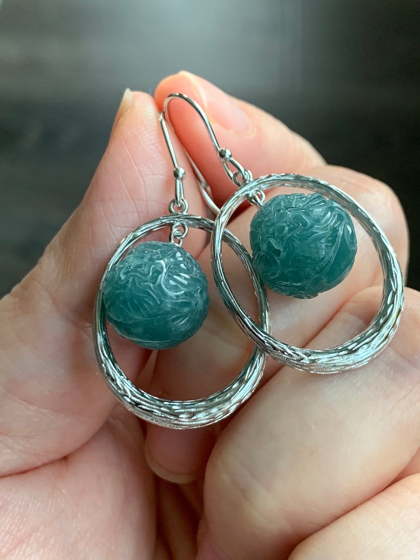 Natural Guatemalan Icy Translucent Teal Blue Jadeite Carved Dragon Ball Sphere Dangle Earrings Sterling Silver 9g 天然冰危蓝水翡翠龙珠银耳钩