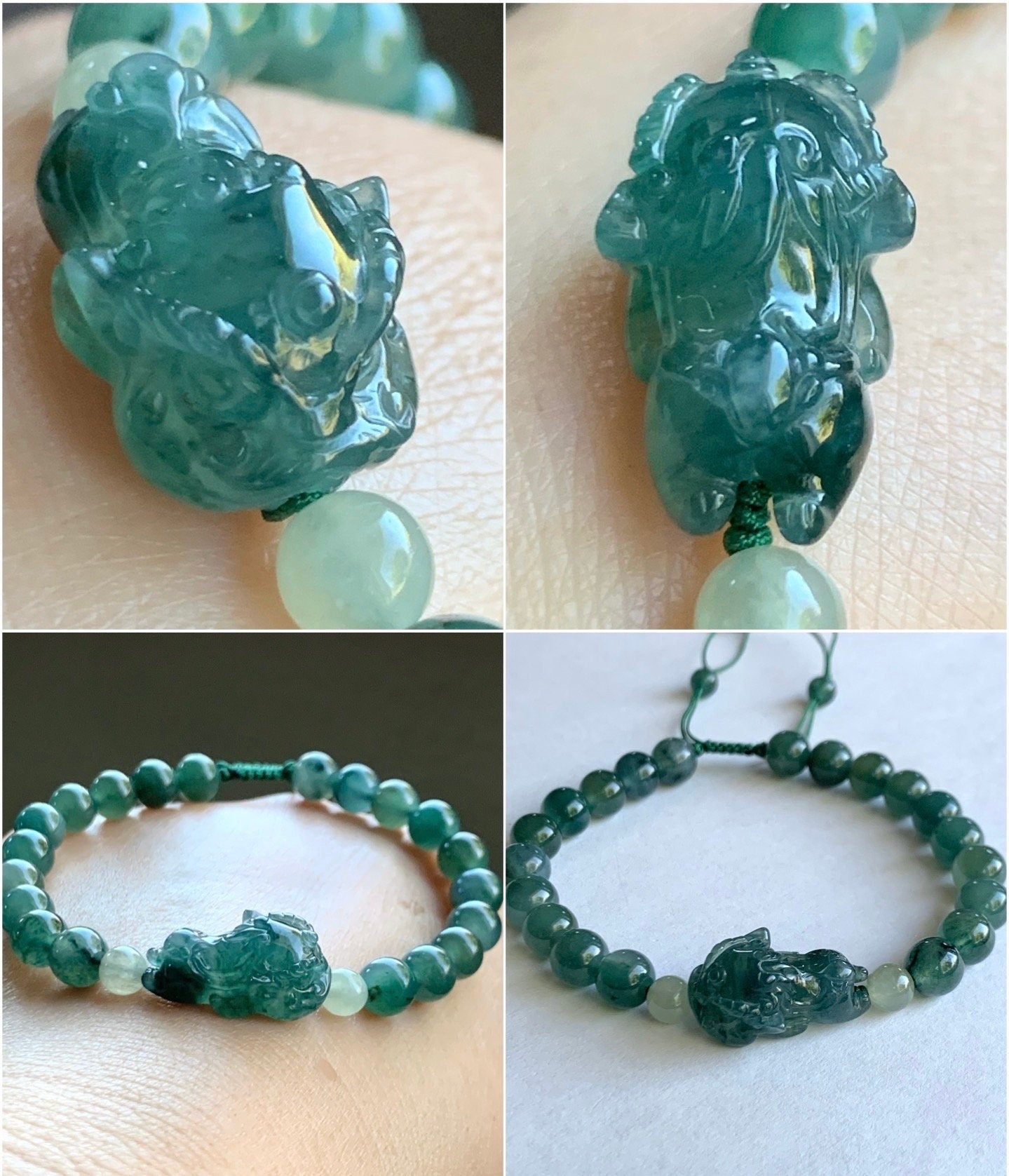 Natural Guatemalan Icy Highly Translucent Gelatinous Dark Teal Blue Jadeite Dancing Lion Beaded Bracelet 6.75” 16g 天然冰胶危湖水蓝翡翠精工雕摆烂小醒狮手串
