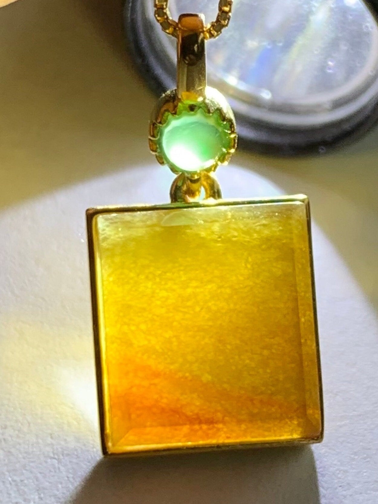 Certified Natural Burmese Icy Translucent Honey Yellow Jadeite Square Shaped Wu Shi Pai Pendant 18K Yellow Gold 天然缅甸起冰油黄翡翠无事牌镶嵌吊坠 3293