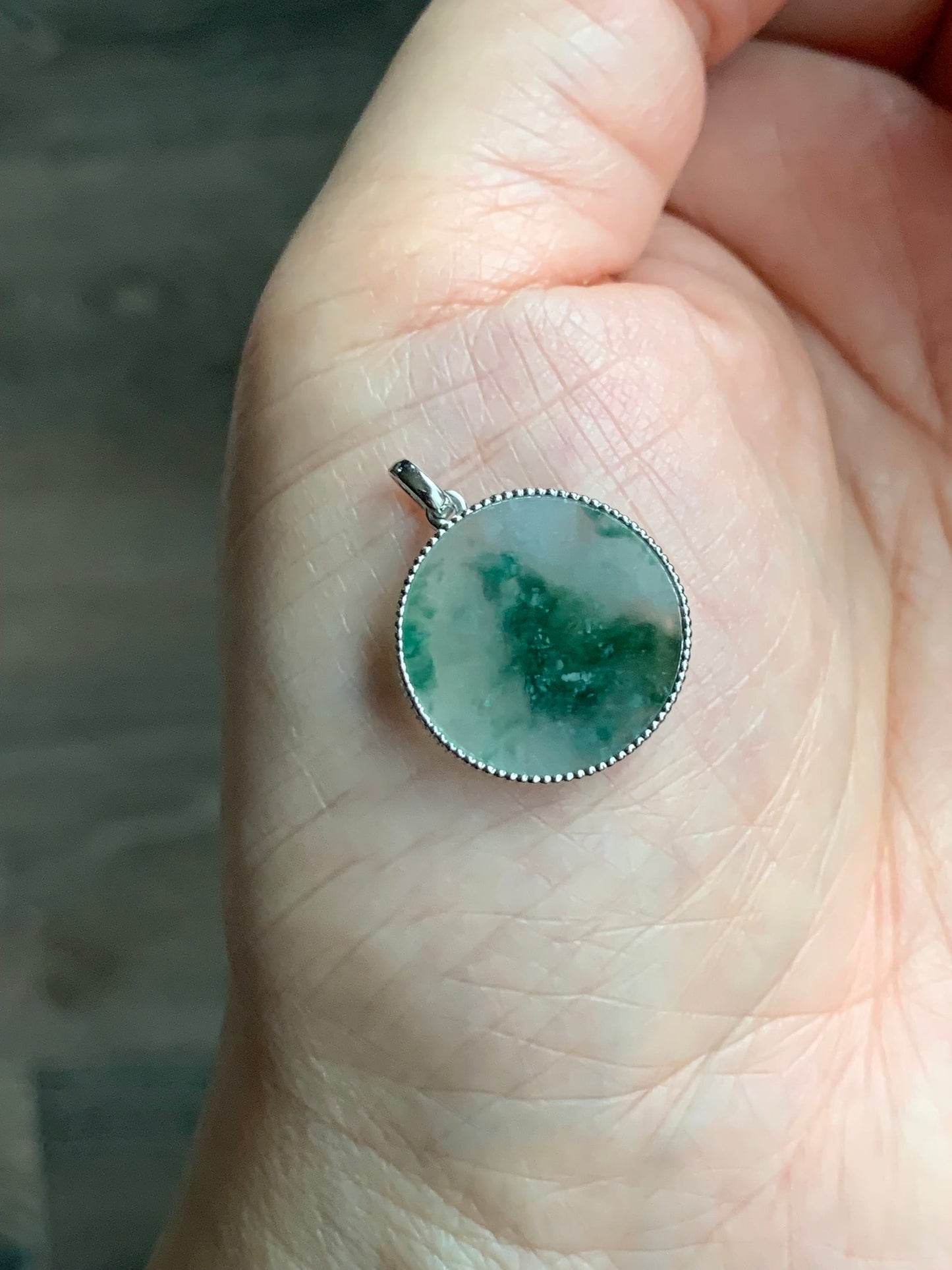 Certified Natural Burmese Icy Translucent Green Marbled Jadeite Blessing Amulet Pendant Wu Shi Pai 18K White Gold 天然缅甸冰飘花翡翠无事牌镶嵌吊坠 3299