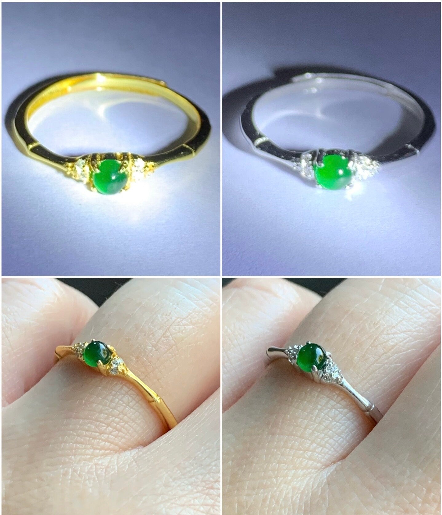 Natural Guatemalan Icy Translucent Vibrant Green Jadeite Bamboo Design Ring S925 Sterling Silver Size 7 Adjustable 天然冰危绿翡翠竹节银镶戒指 ZJW50