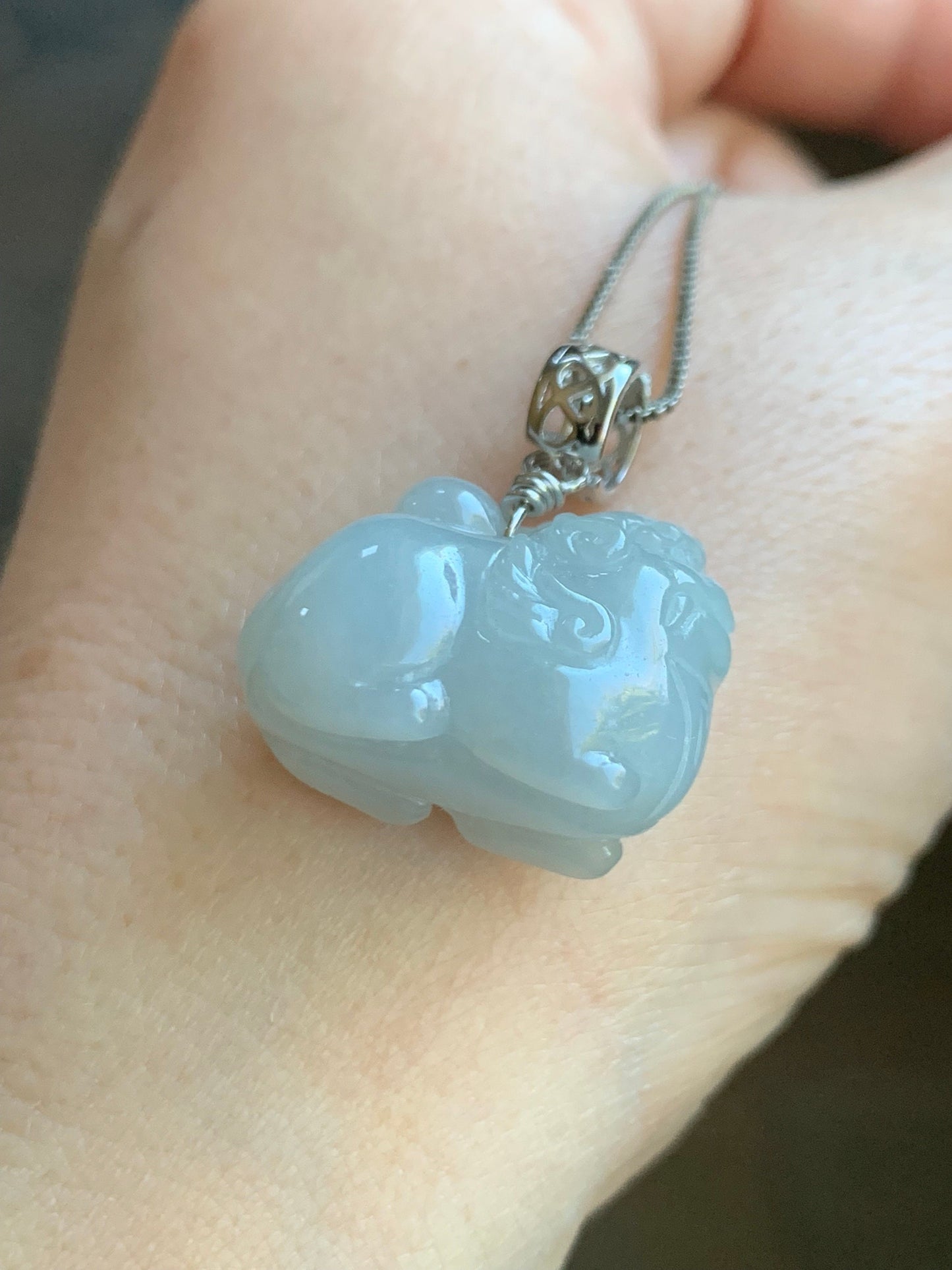 Natural Burmese Icy Translucent Light Blue Jadeite Carved Flying Pixiu Pendant Sterling Silver Bail 天然缅甸冰胶淡蓝翡翠飞天貔貅吊坠